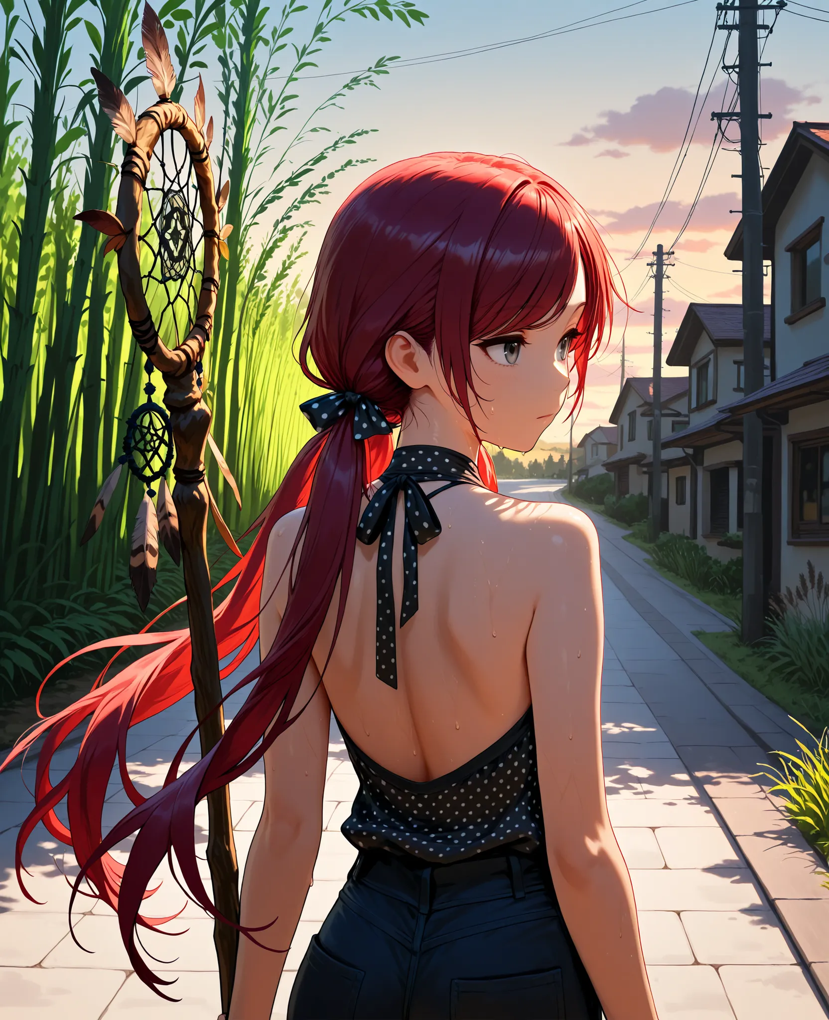 (masterpiece:1.2, Best Quality), (finely detailed beautiful eye: 1.2), (beautiful detailed face), from behind, back shot, sweat, close up, expressionless, backless sleeveless halter neck shirt, black shirt, polka dot shirt, baggy shirt, black jeans, hair r...
