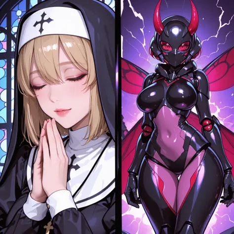 Split screen. Kaijin girl. Mantis. Exoskeleton. Curvy waist. Devil horns. Weaponized arms. Wings. Full face mask. Biologically designed helmet.