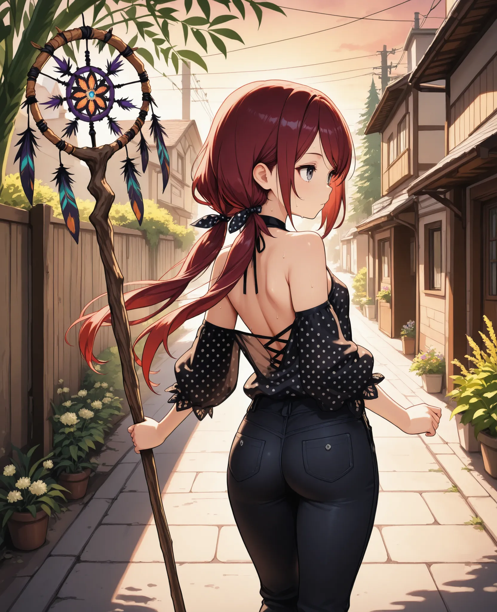 (masterpiece:1.2, Best Quality), (finely detailed beautiful eye: 1.2), (beautiful detailed face), from behind, back shot, sweat, close up, expressionless, backless sleeveless halter neck shirt, black shirt, polka dot shirt, baggy shirt, black jeans, hair r...