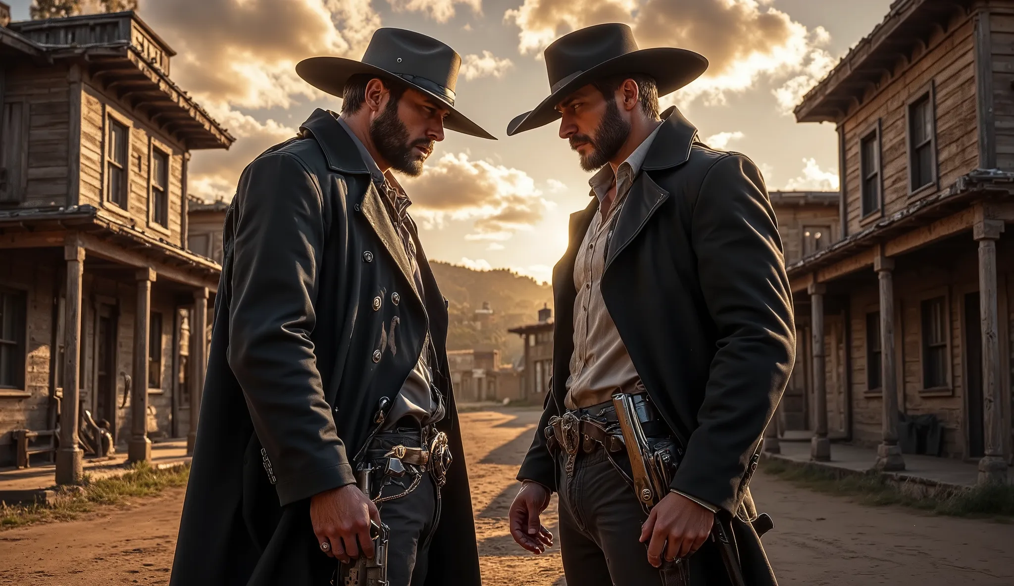 A digital illustration for a promotional poster titled "Legendary Duels: Classics and Epic Showdowns," featuring a tense standoff between two cowboys in a classic Wild West town at sunset. The scene is bathed in warm, sepia-toned lighting, with rugged wood...