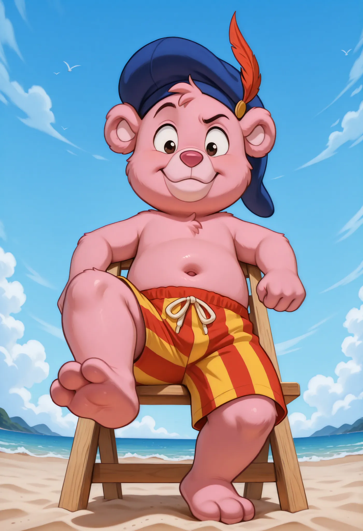 score_9, score_8_up, score_7_up, (masterpiece, best quality, very aesthetic, absurdres, source furry, artist:sakura, shaded, cubbigummixl, amazing quality, absurd res, newest, masterpiece, anthro, solo, pink bear, blue hat with feather, striped swim trunks...
