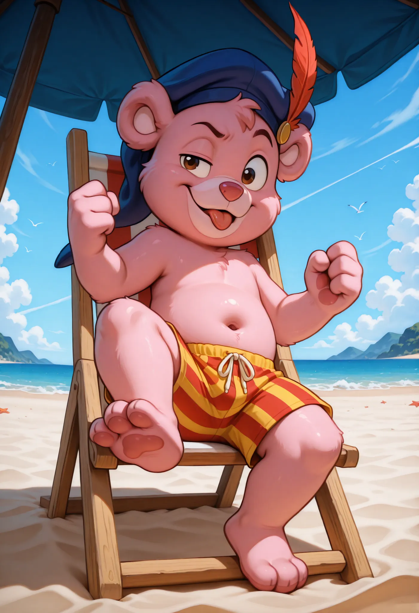 score_9, score_8_up, score_7_up, (masterpiece, best quality, very aesthetic, absurdres, source furry, artist:sakura, shaded, cubbigummixl, amazing quality, absurd res, newest, masterpiece, anthro, solo, pink bear, blue hat with feather, striped swim trunks...