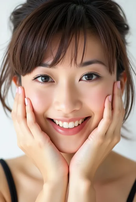 An extreme ultra close-up, hyperrealistic portrait of an overwhelmingly beautiful young Japanese woman, photographed in immaculate cinematic soft light. Her face fills 95% of the frame, captured in exquisite high-resolution with ultra-fine skin texture, vi...