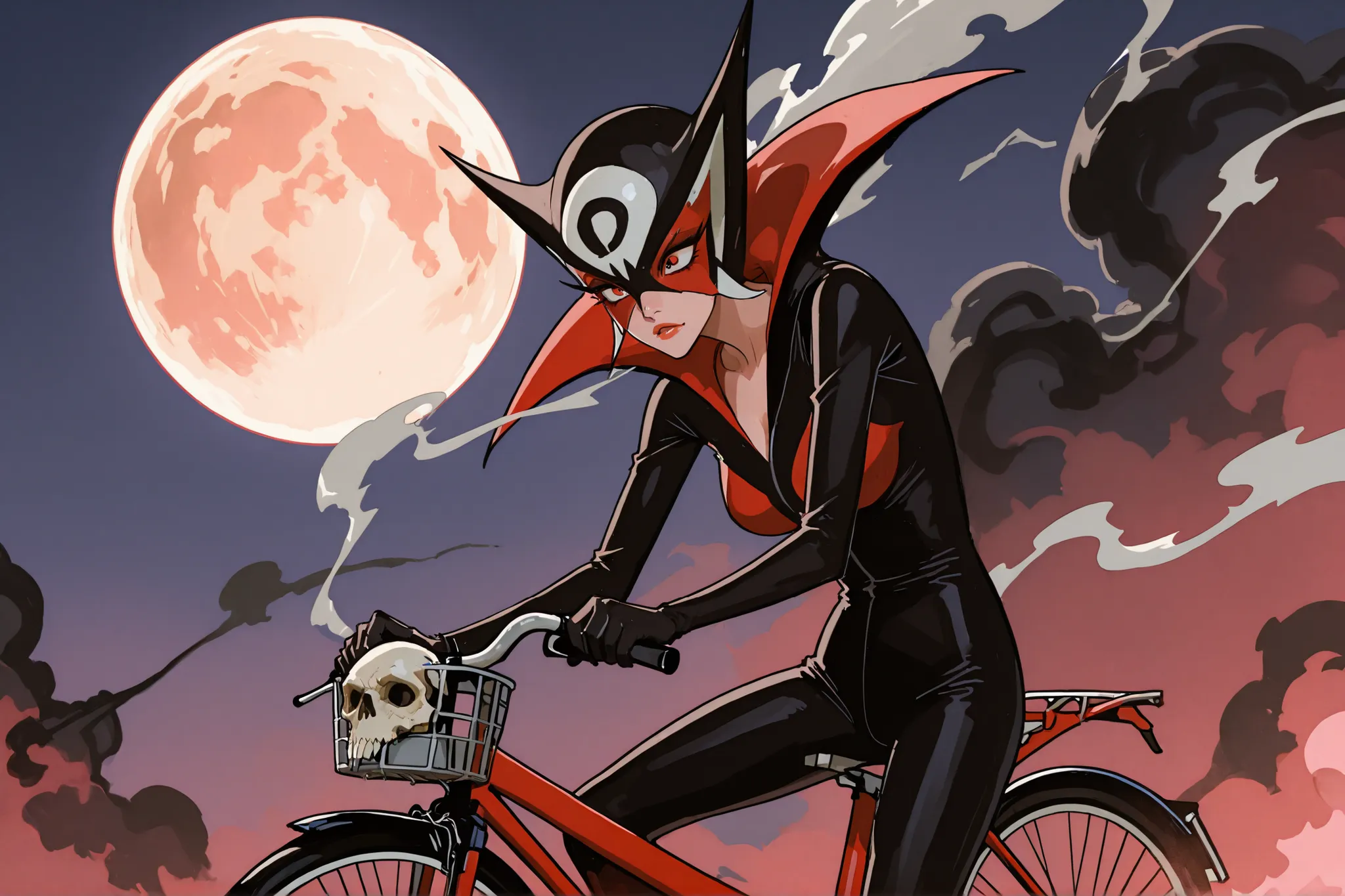 cool beauty Doronjo and two subordinates riding a red three-seater bicycle (the two subordinates (one skinny and one fat) are drawn in shadow), background windy wilderness, huge skull-shaped smoke like a full moon, funny manga style, ultra detailed, absolu...