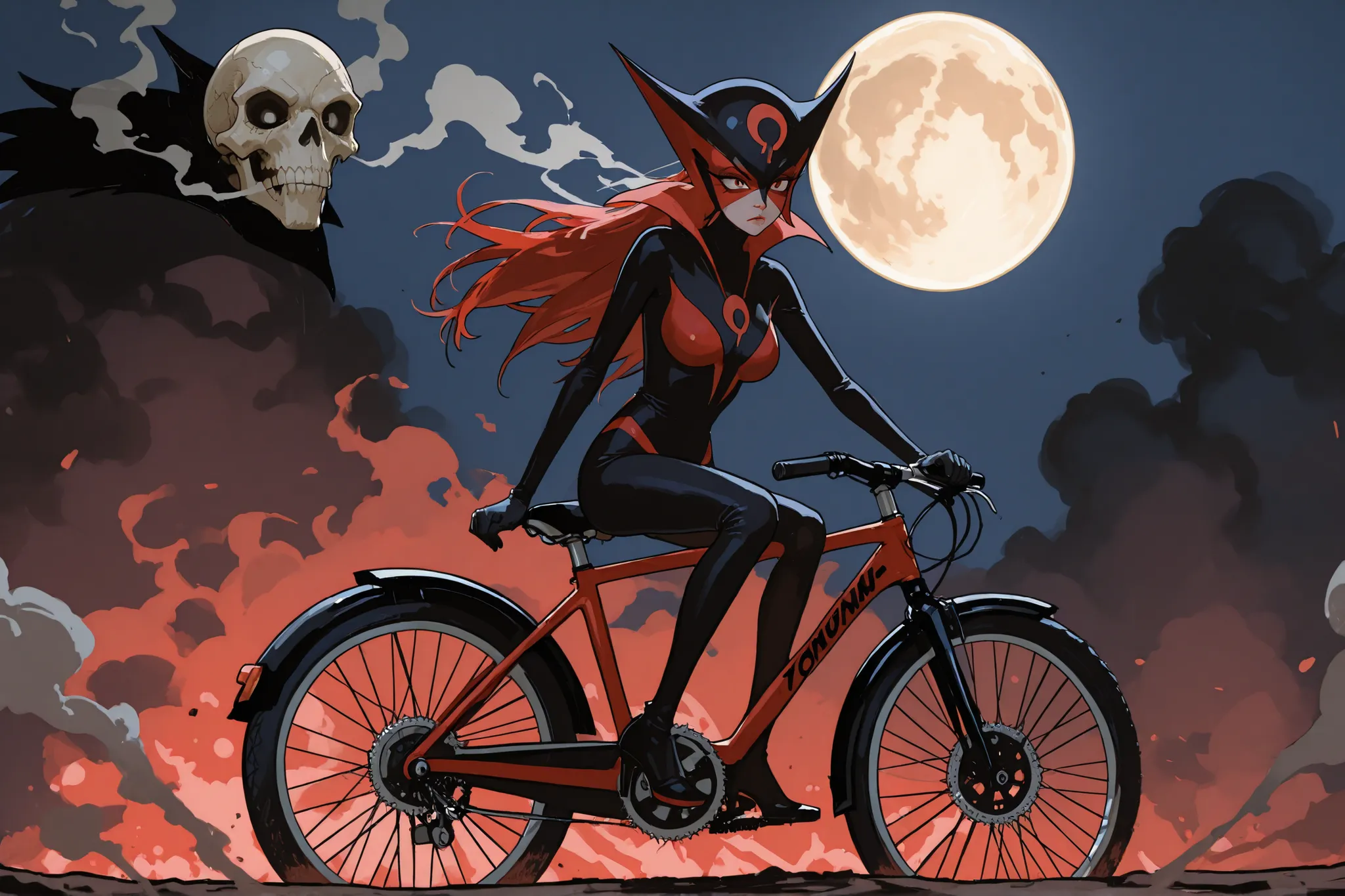 cool beauty Doronjo and two subordinates riding a red three-seater bicycle (the two subordinates (one skinny and one fat) are drawn in shadow), background windy wilderness, huge skull-shaped smoke like a full moon, funny manga style, ultra detailed, absolu...