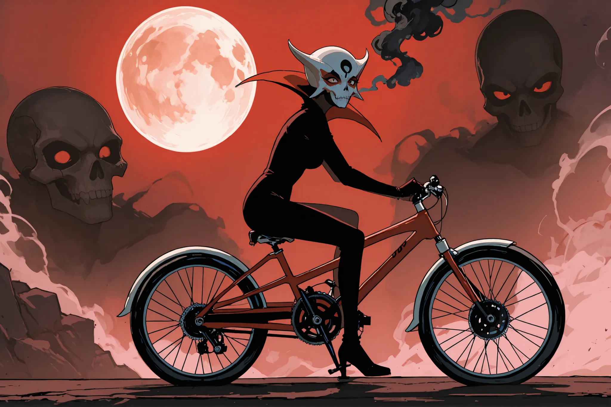 cool beauty Doronjo and two subordinates riding a red three-seater bicycle (the two subordinates (one skinny and one fat) are drawn in shadow), background windy wilderness, huge skull-shaped smoke like a full moon, funny manga style, ultra detailed, absolu...