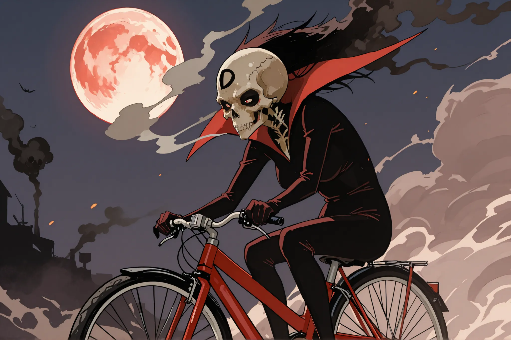 Doronjo and two subordinates riding a red three-seater bicycle (the two subordinates (one skinny and one fat) are drawn in shadow), background windy wilderness, huge skull-shaped smoke like a full moon, funny manga style, ultra detailed, absolutely resolut...