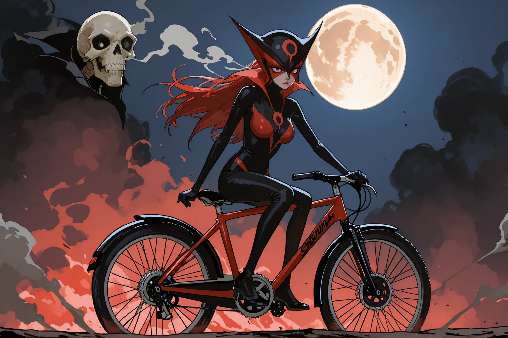 cool beauty Doronjo and two subordinates riding a red three-seater bicycle (the two subordinates (one skinny and one fat) are drawn in shadow), background windy wilderness, huge skull-shaped smoke like a full moon, funny manga style, ultra detailed, absolu...