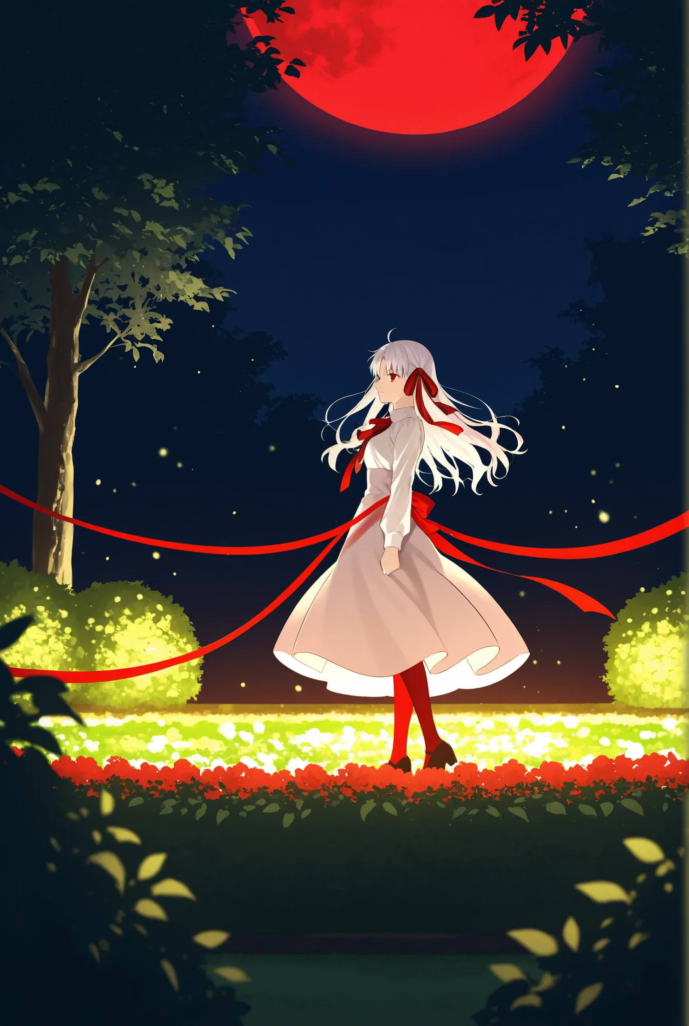 Fate/stay nightの黒桜,The color of the ribbon is red,Standing in a garden on a moonlit night