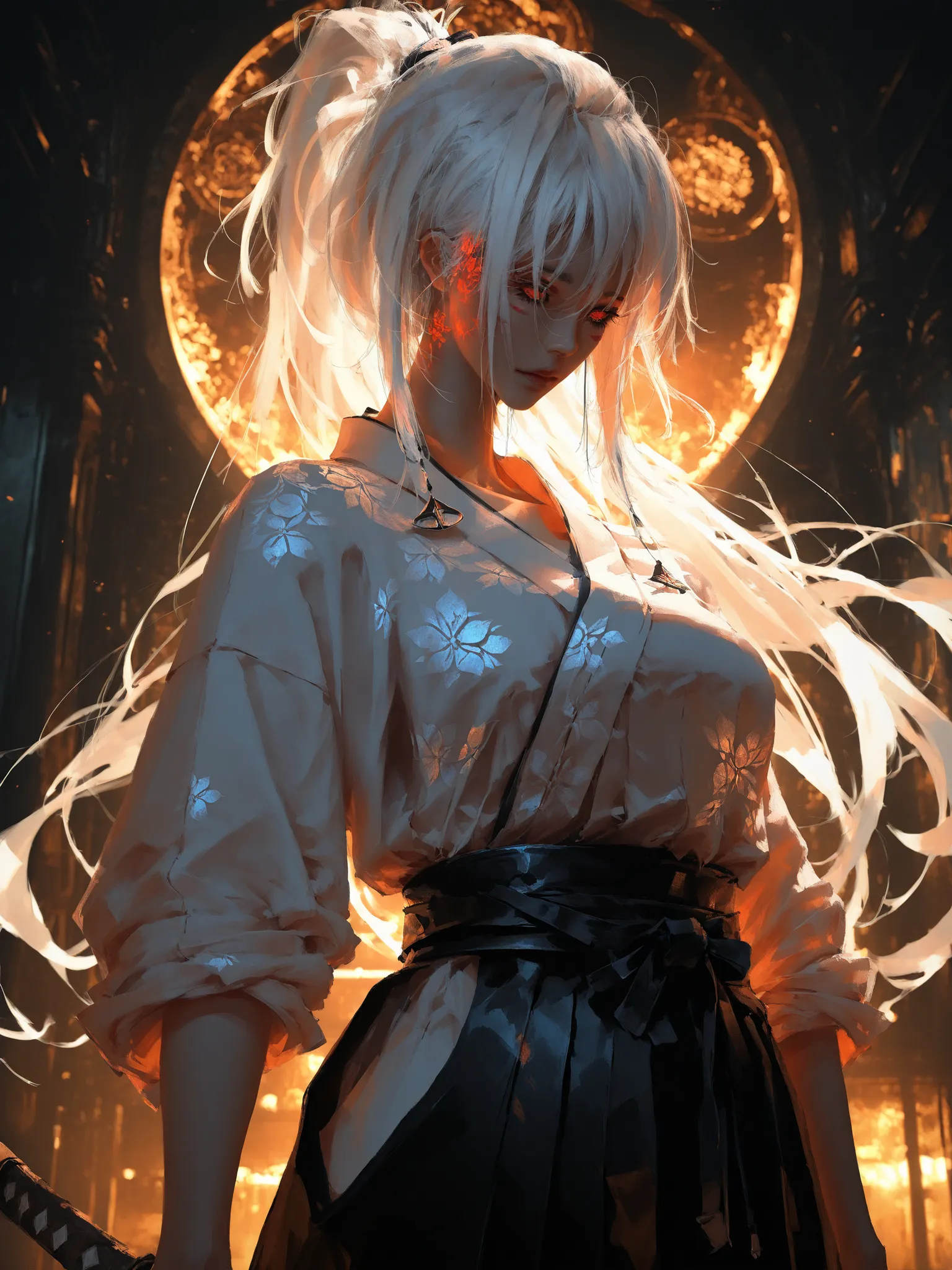 artist: wlop, masterpiece, best quality, illustration, a beautiful woman, white hair, ponytail, red irises with white engravings, detailed face, japanese clothes, female wearing japanese dojo style clothes with high waist bottoms, tall-looking, fantasy, ho...