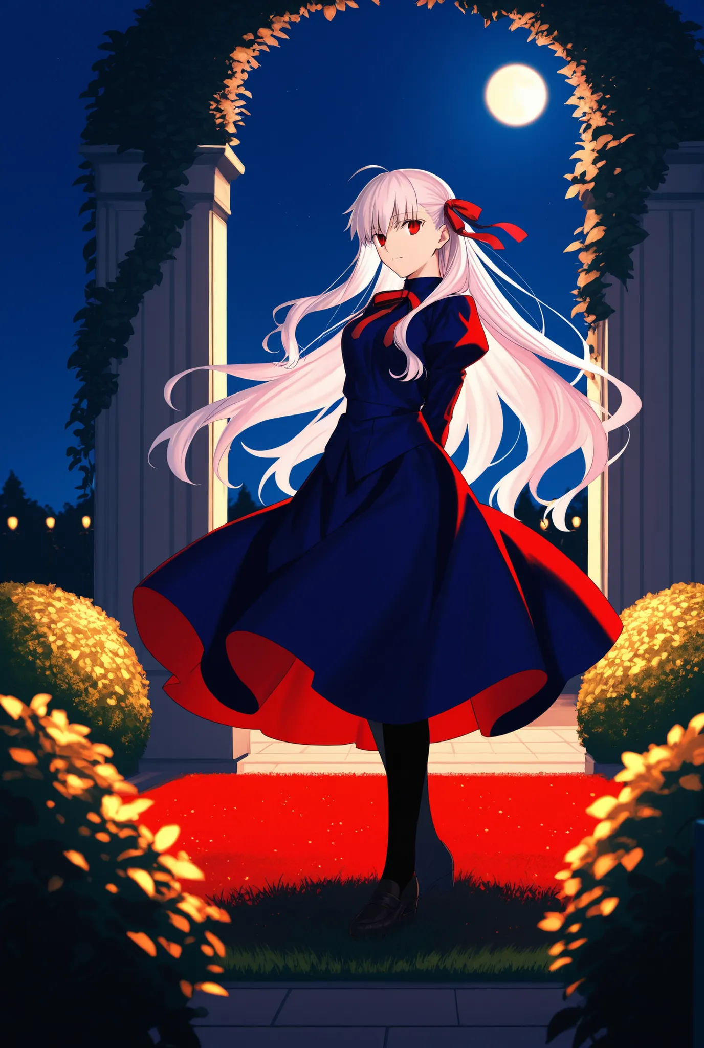 Fate/stay nightの黒桜,The color of the ribbon is red,Standing in a garden on a moonlit night