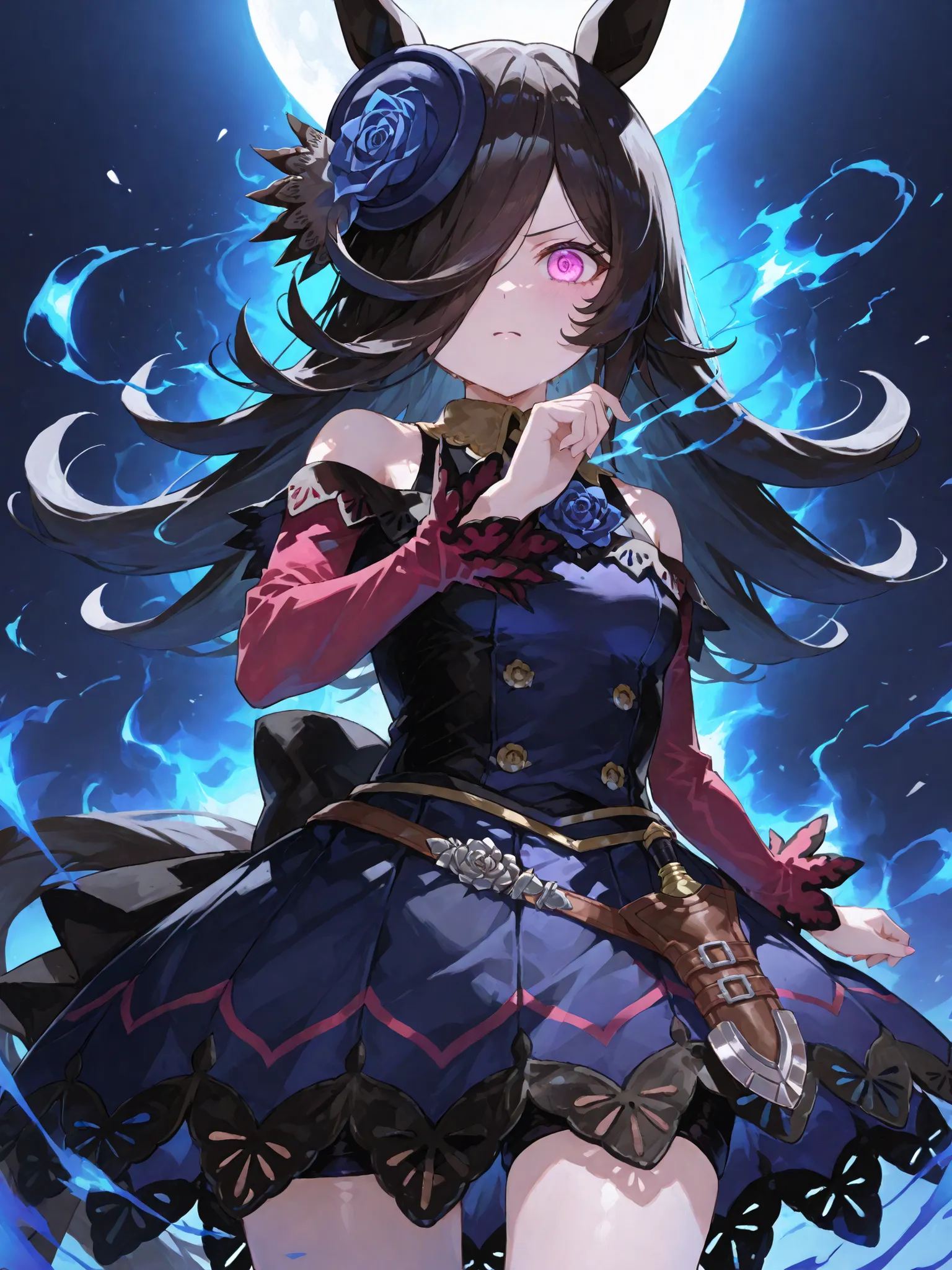 rice shower \(umamusume\), left eye surrounded by swirling blazing blue flame effects with crackling sparks and radiant energy, right eye completely covered by long black hair, wearing her race outfit, black frilly dress with blue rose accents, short skirt...