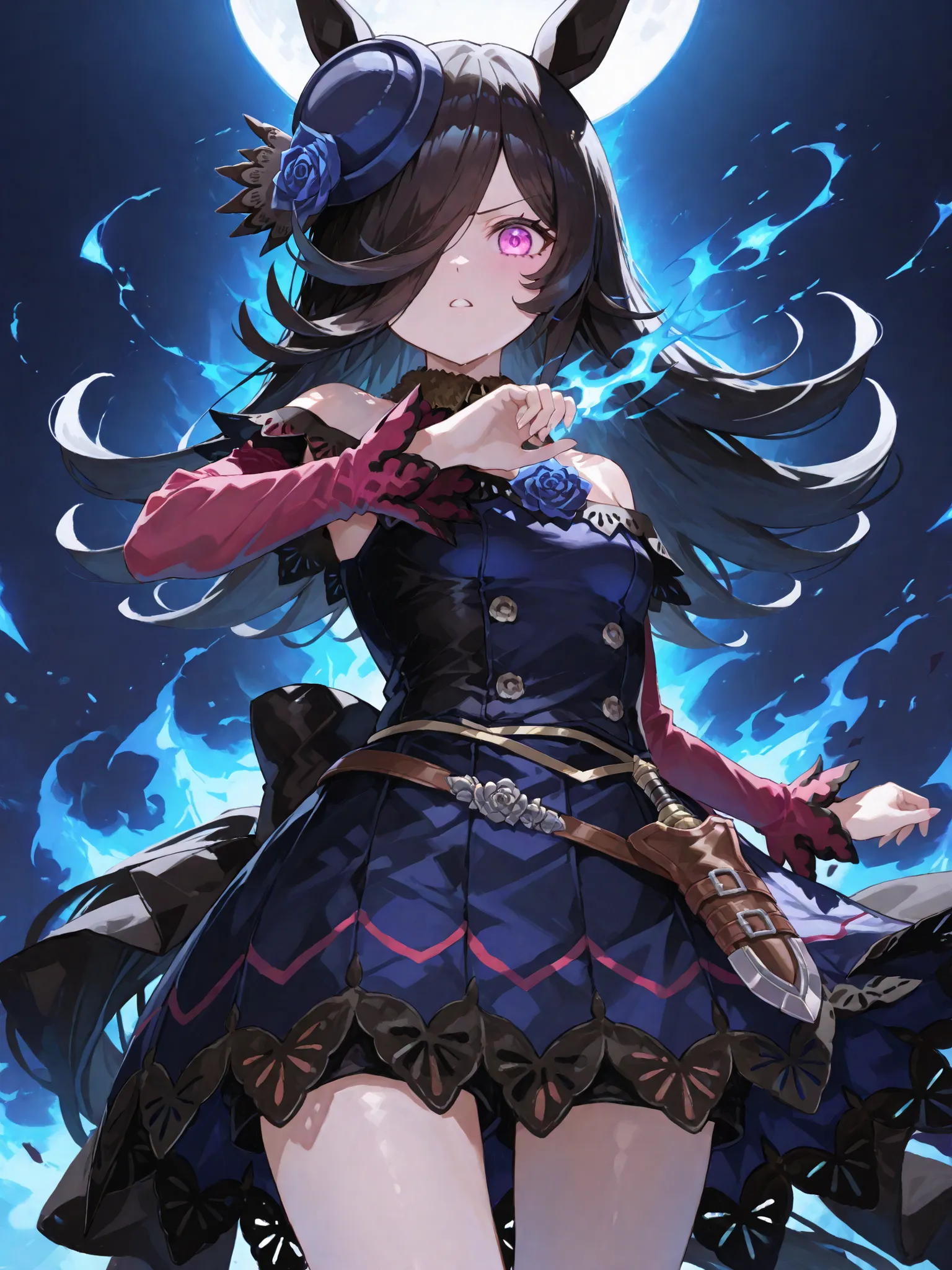 rice shower \(umamusume\), left eye surrounded by swirling blazing blue flame effects with crackling sparks and radiant energy, right eye completely covered by long black hair, wearing her race outfit, black frilly dress with blue rose accents, short skirt...