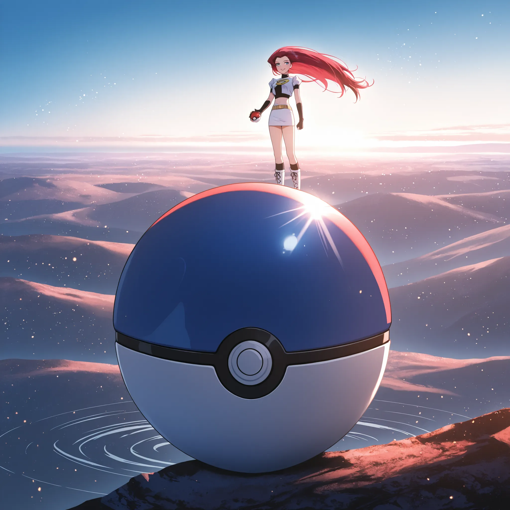Please draw Jessie in detail using upscale。The background is just the sky and horizon of an infinite digital world.、Light particles and electronic ripples are the only decoration。Jessie with long red hair, white top with R written on it, white short skirt ...