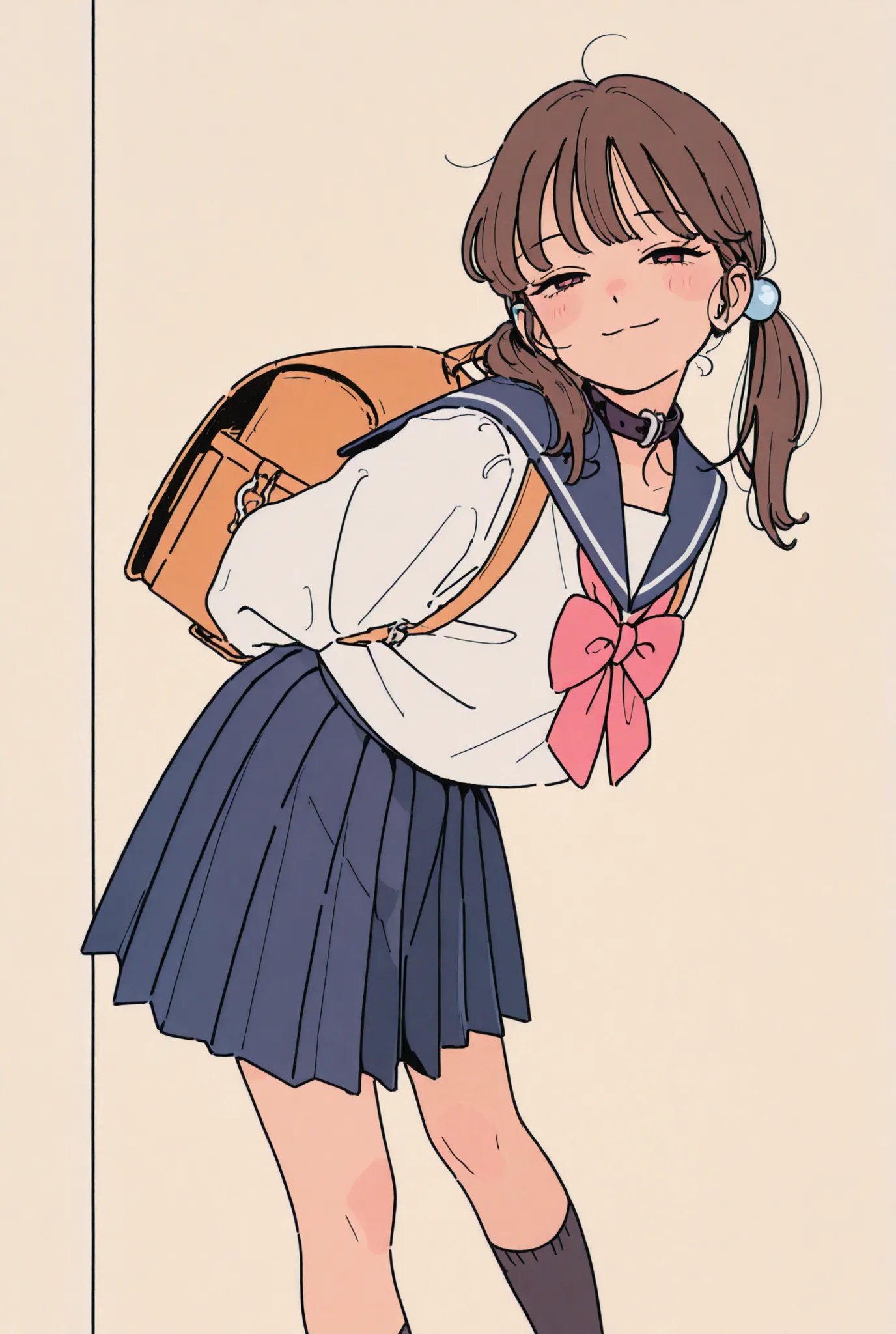 A Japanese high school girl with long white twintails, confidently smiling with half-closed eyes. Her expression is calm, self-assured, and clingy. She leans her upper body forward toward the viewer with her hands behind her back, as if teasing or greeting...