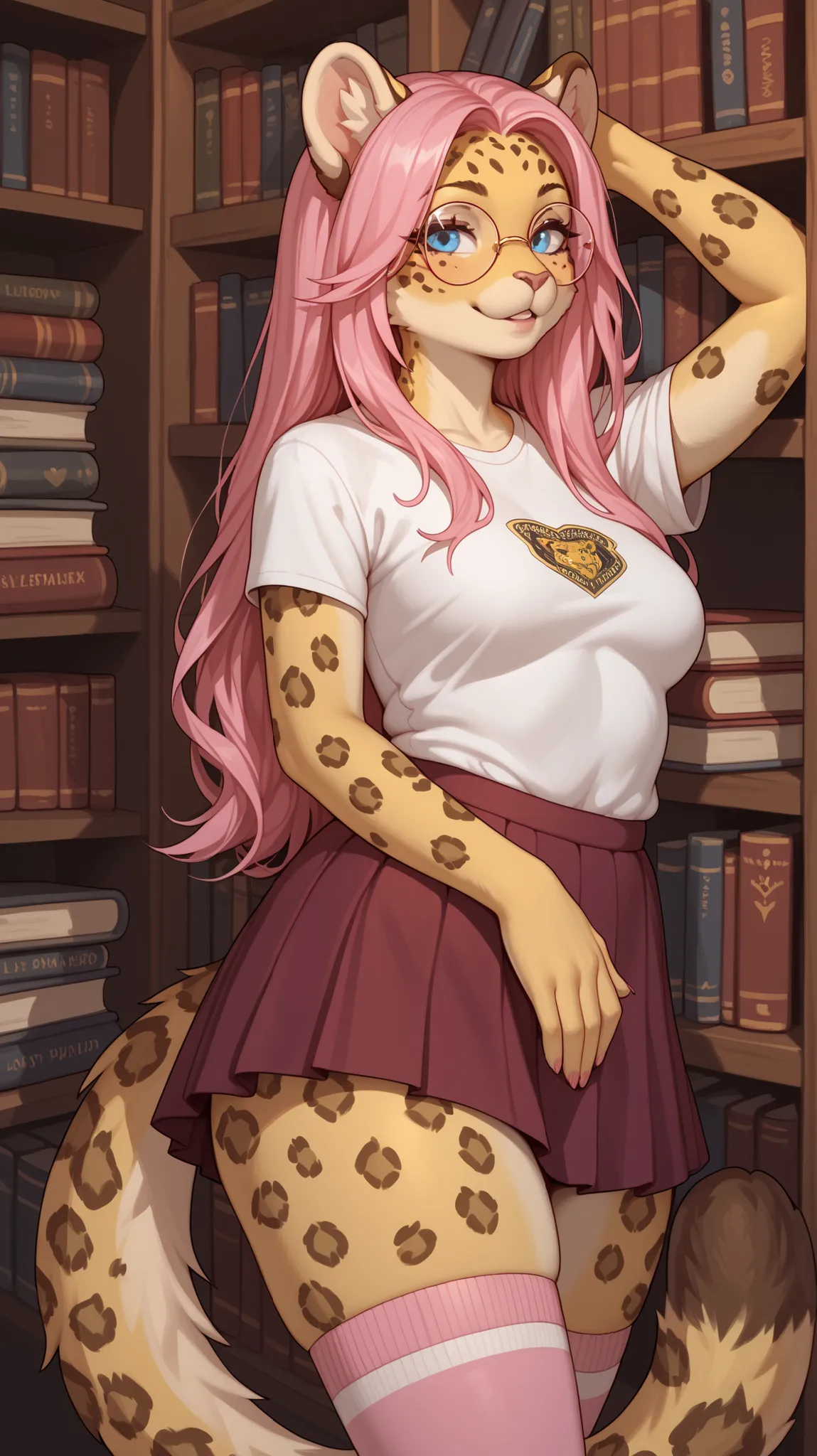 ((masterpiece)), ((best quality)), looks at the viewer, smiles, ((anthropomorphic leopard)), ( fluffy), ( leopard ears ), blue eyes, long hair, pink hair, (leopard tail), ((yellow fur)), ((spots)), (medium-sized breasts), (thick thighs), fluffy мех, wears ...