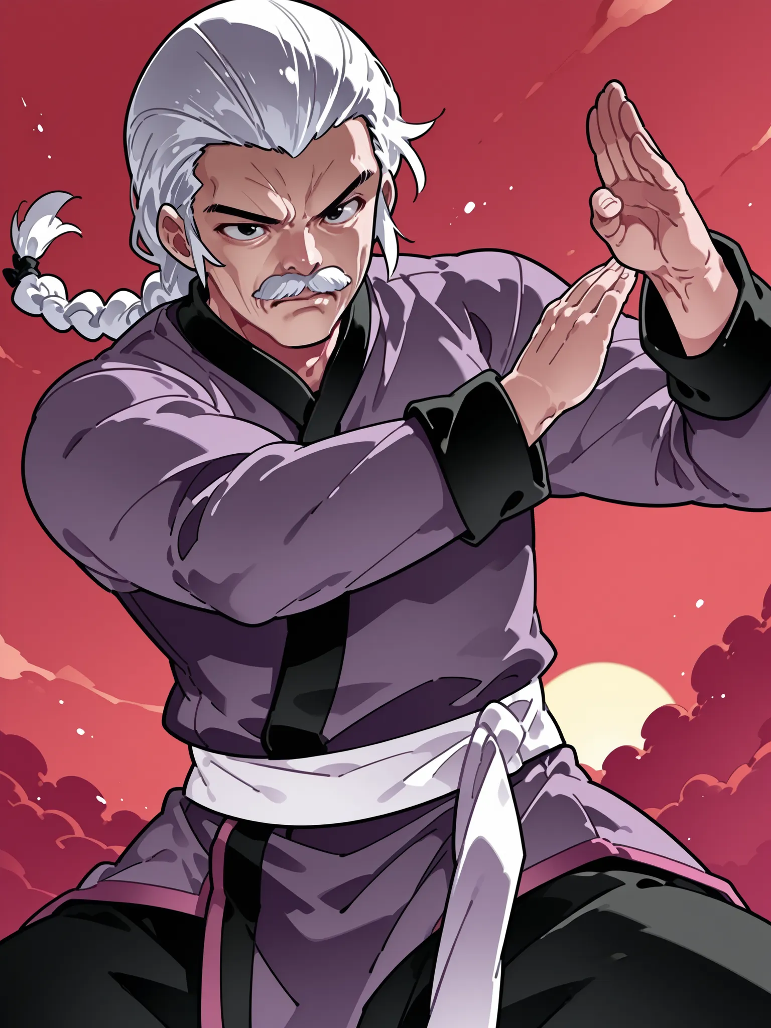 score_9, score_8_up, score_7_up, masterpiece, source_anime, 1old man,moustache,Three-braided ponytail, slicked-back hair,
muscular,kung fu master,
purple kung fu clothe,Black kung fu pants,white obi,fighting stance,in a dynamic motion,(background is sunse...