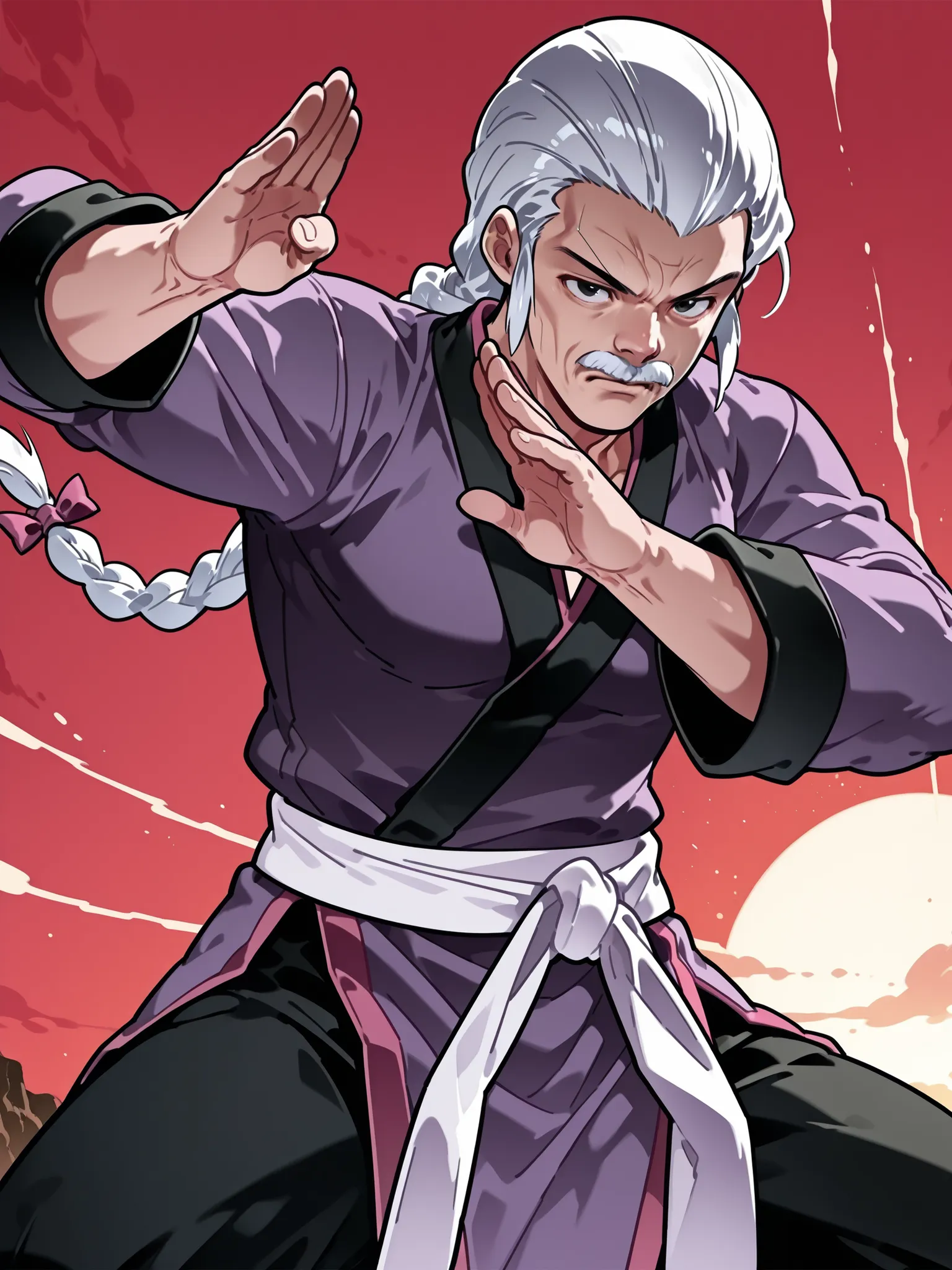 score_9, score_8_up, score_7_up, masterpiece, source_anime, 1old man,moustache,Three-braided ponytail, slicked-back hair,
muscular,kung fu master,
purple kung fu clothe,Black kung fu pants,white obi,fighting stance,in a dynamic motion,(background is sunse...