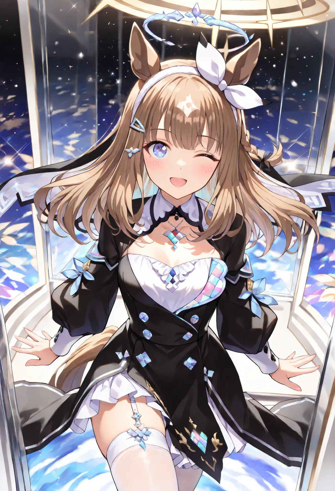 (masterpiece, best quality, perfect face:1.4), wide angle, almond eye \(umamusume\), white hair ornament, horse ears, horse tail, tail on the lower back, proportional body, proportional,1 girl, beautiful hair, beautiful face, beautiful detailed eyes, beaut...