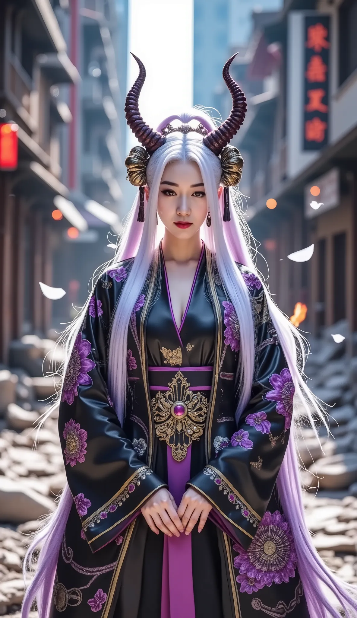 "A stunning anime-style villainess with a devilish smirk, long flowing white and purple twin braids, glowing red eyes full of mischief, wearing a gothic-tech kimono with sharp edges and digital accents. She stands in a destroyed futuristic city, surrounded...