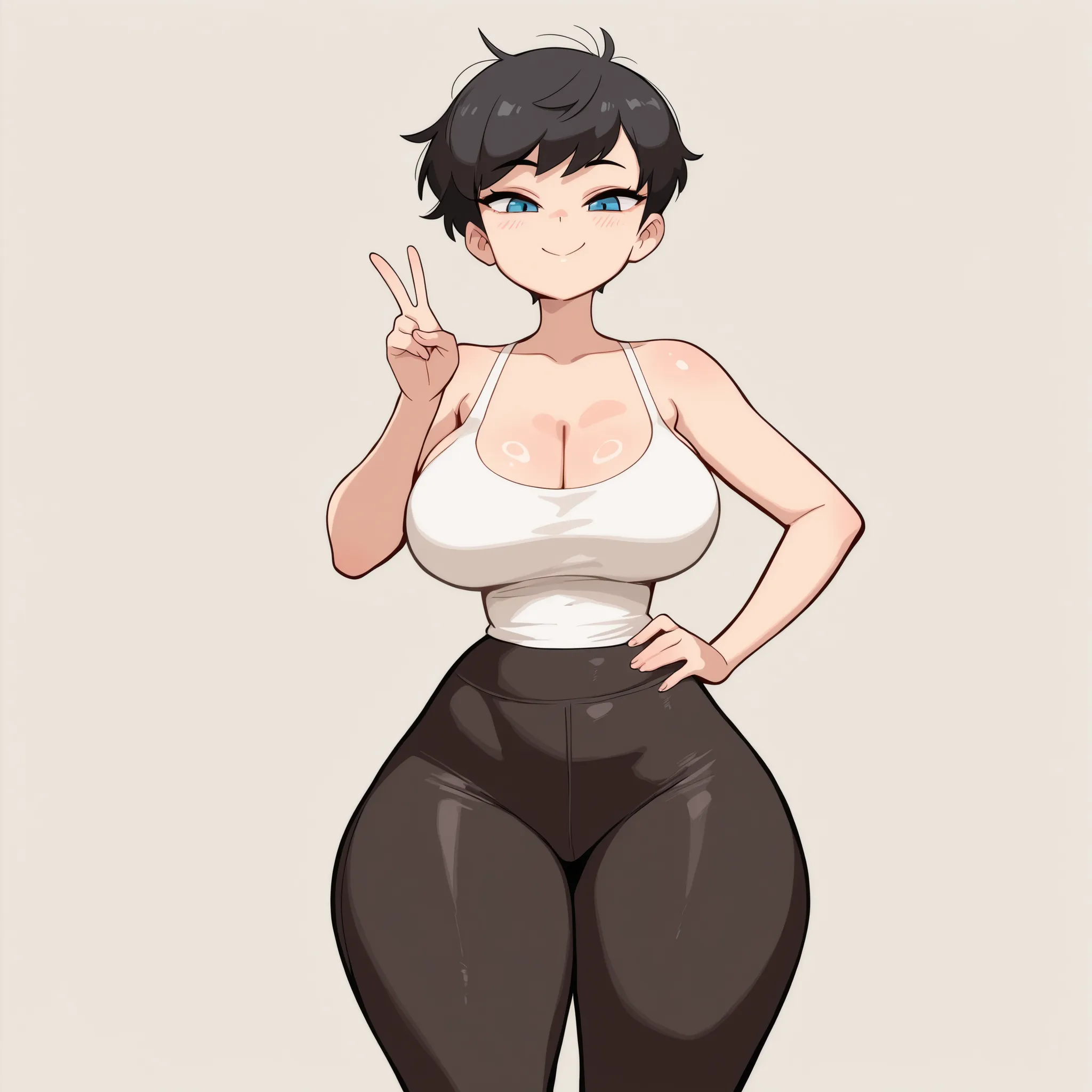 masterpiece, best quality, amazing quality, very aesthetic, absurdres, high res, shiny skin, diives, 1girl, solo, short messy black hair, pixie cut, blue eyes, big breasts, narrow waist, wide hips, thick thighs, white tank top, black leggings, blushed, smi...