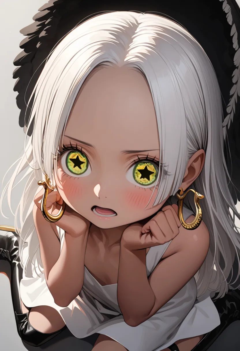 Seraphim Hancock, , one piece, golden ratio face, white hair, ((black angel wings)), long hair, hair down back, single braid, green eyes), * in eyes, blush, (((spread fingers))), spoken heart, hands on own cheeks, fidgeting, ((lovestruck)), open mouth, (((...