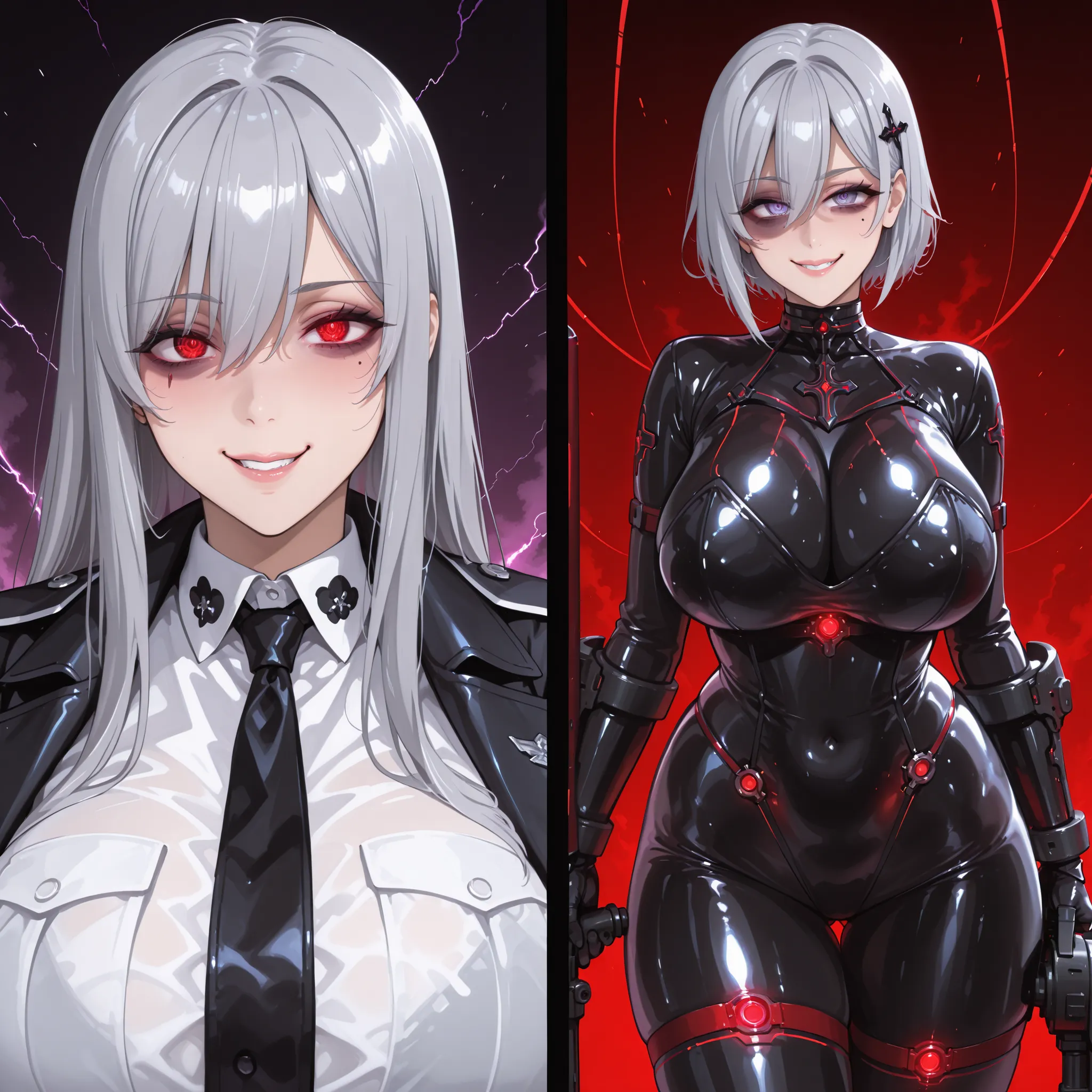 Split screen. Weapon girl. Silver hair. Asymmetrical eyes. Dark circles under the eyes. Yandere smile. Big breasts. Tiny waist. Black latex bodysuit. Red glowing lines. Battleship-style gauntlet. Gun turret. Active poses.