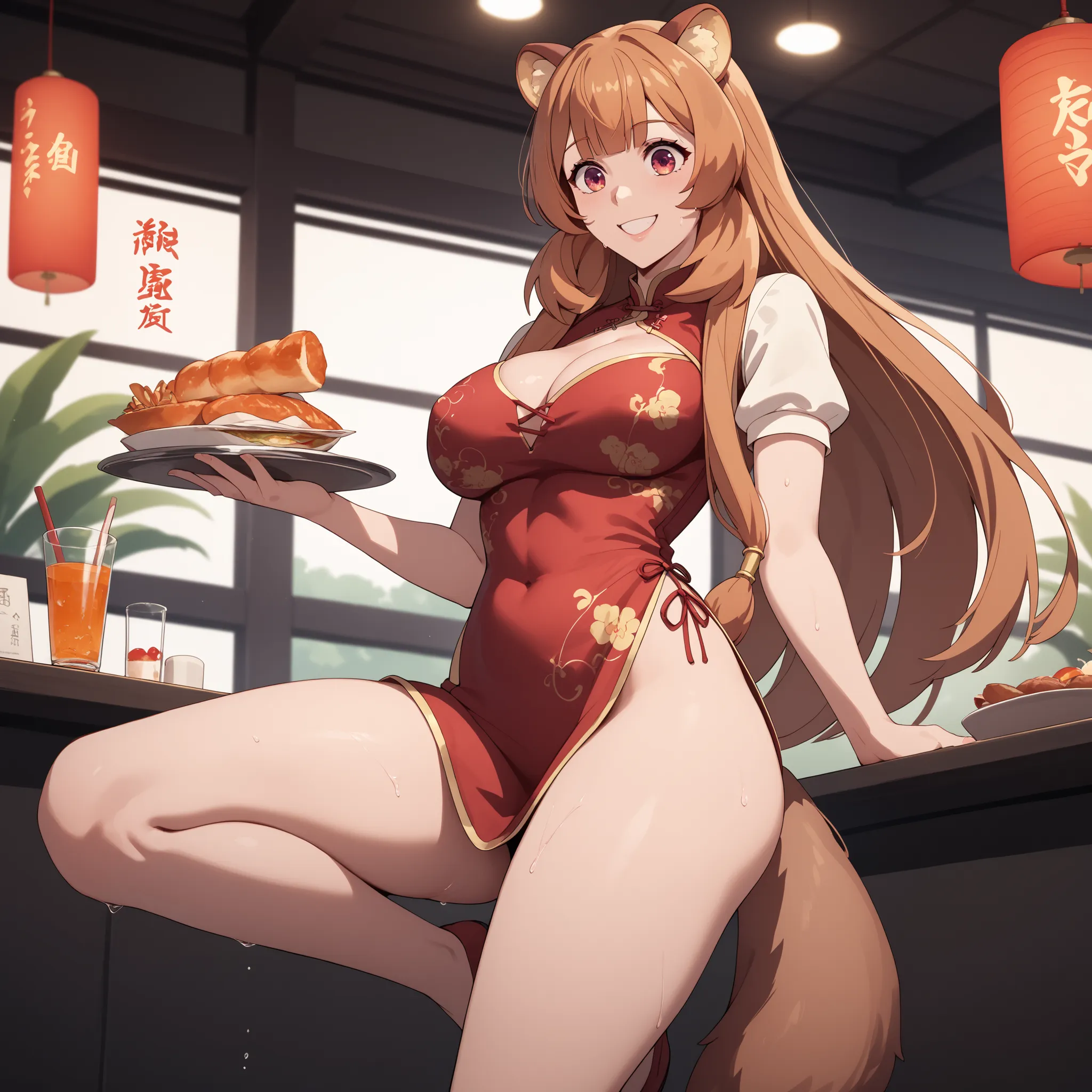 raphtalia .  25 years,  orange hair , ojos rojos, rounded animal ears,  amazed and surprised expression, curvaceous and slender figure , large, well-proportioned breasts, an animal's tail wiggles behind her, Chinese dress , cleavage in years  ,  Chinese re...