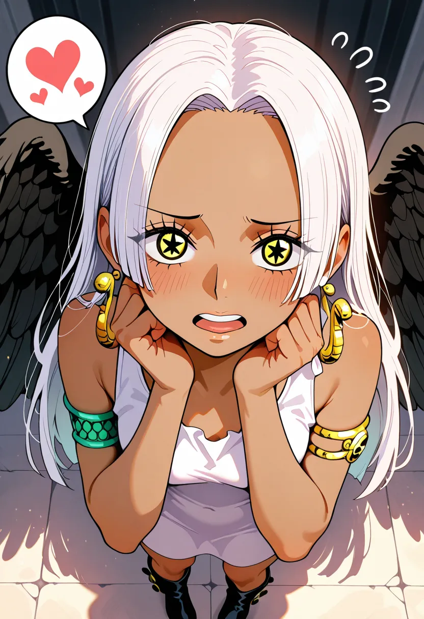 Seraphim Hancock, , one piece, golden ratio face, white hair,  ((black angel wings)), long hair, hair down back, single braid, green eyes), * in eyes, blush, (((spread fingers))), spoken heart, hands on own cheeks, fidgeting, ((lovestruck)), open mouth, highest quality, ,masterpiece, accurate, top quality, high resolution model, high detail, beautiful detail, high resolution, 32K, realistic Rendering, Ultra Realistic Detail, (Anatomically correct), Stylistically diverse, digital illustration, dynamic shot, high quality, gives depth and openness to scene, depth of field, background blur, energetic composition, cinematic light hkstyle, hkstyle, auralora, close up shot : 1.4, zzSSnake, yellow eyes, star-shaped pupils, white hair, long hair, dark skin, zzSSnake, yellow eyes, star-shaped pupils, white hair, long hair, dark skin, green armlet, hoop earrings, snake earrings, sleeveless white dress, black boots, close up shot : 1.4, (((from above:1.6))), looking at viewer, looking up, (Macro), 