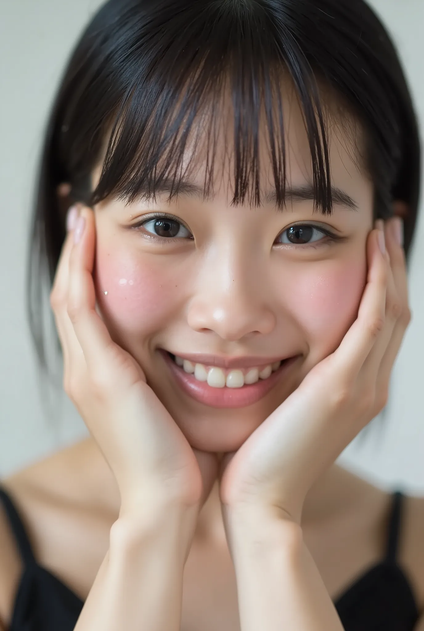 An extreme ultra close-up, hyperrealistic portrait of an overwhelmingly beautiful young Japanese woman, photographed in immaculate cinematic soft light. Her face fills 95% of the frame, captured in exquisite high-resolution with ultra-fine skin texture, vi...