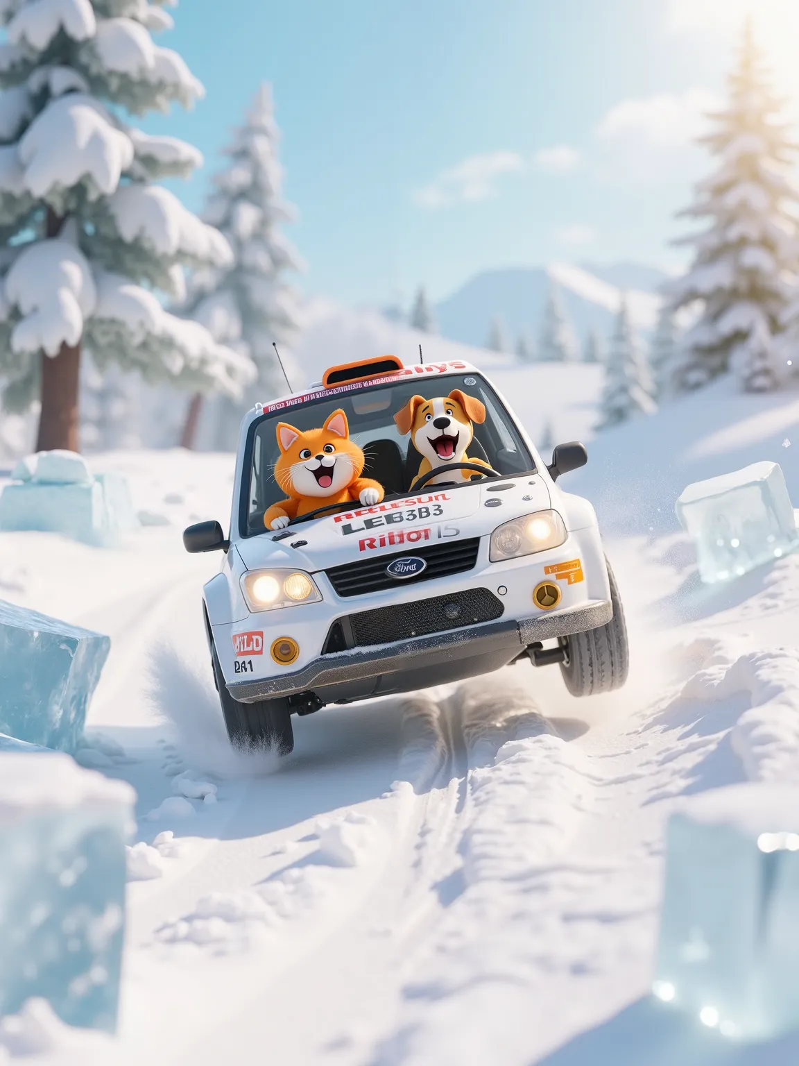A small rally car is running on a realistic snowy landscape. car, A stubby orange cat and dog are sitting side by side in the front seat. Their expressions are excited. snowy trees々and blocks of ice reflecting sunlight,jump,