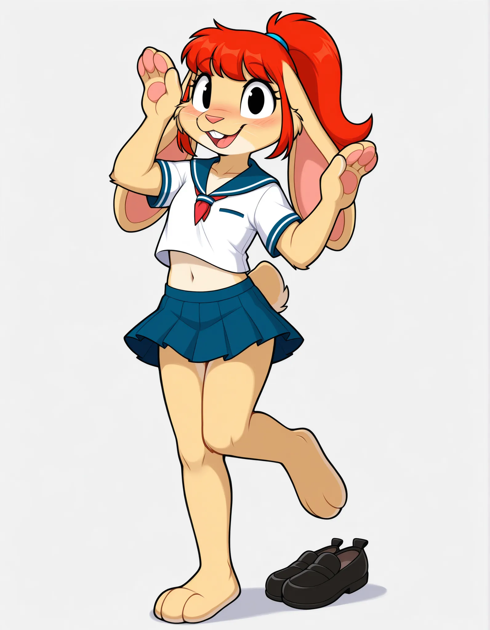 cynthia, bunnygirl, 1girl,, blue skirt, school uniform, white shirt, short sleeves, collared, socks, kneehighs, shoes, black footwear,, looking at viewer, blush, smile, open mouth, short hair, red hair, animal ears, collarbone, tail, full body, teeth, bare...