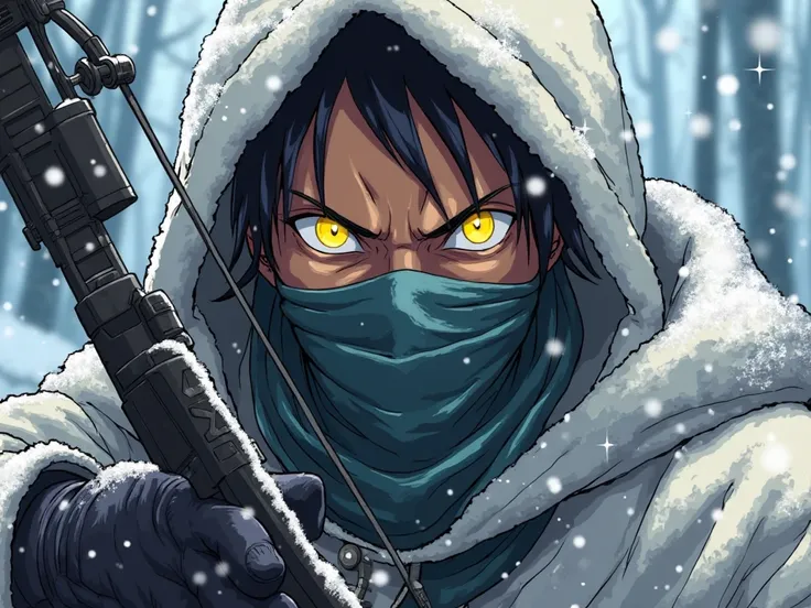 Close-up portrait of a serious sniper archer in the style of One Piece. He has dark skin, glowing yellow eyes with the sharp, focused gaze of an eagle. He wears a white winter cloak with snow on the hood, and his face is partially covered by a tactical sca...