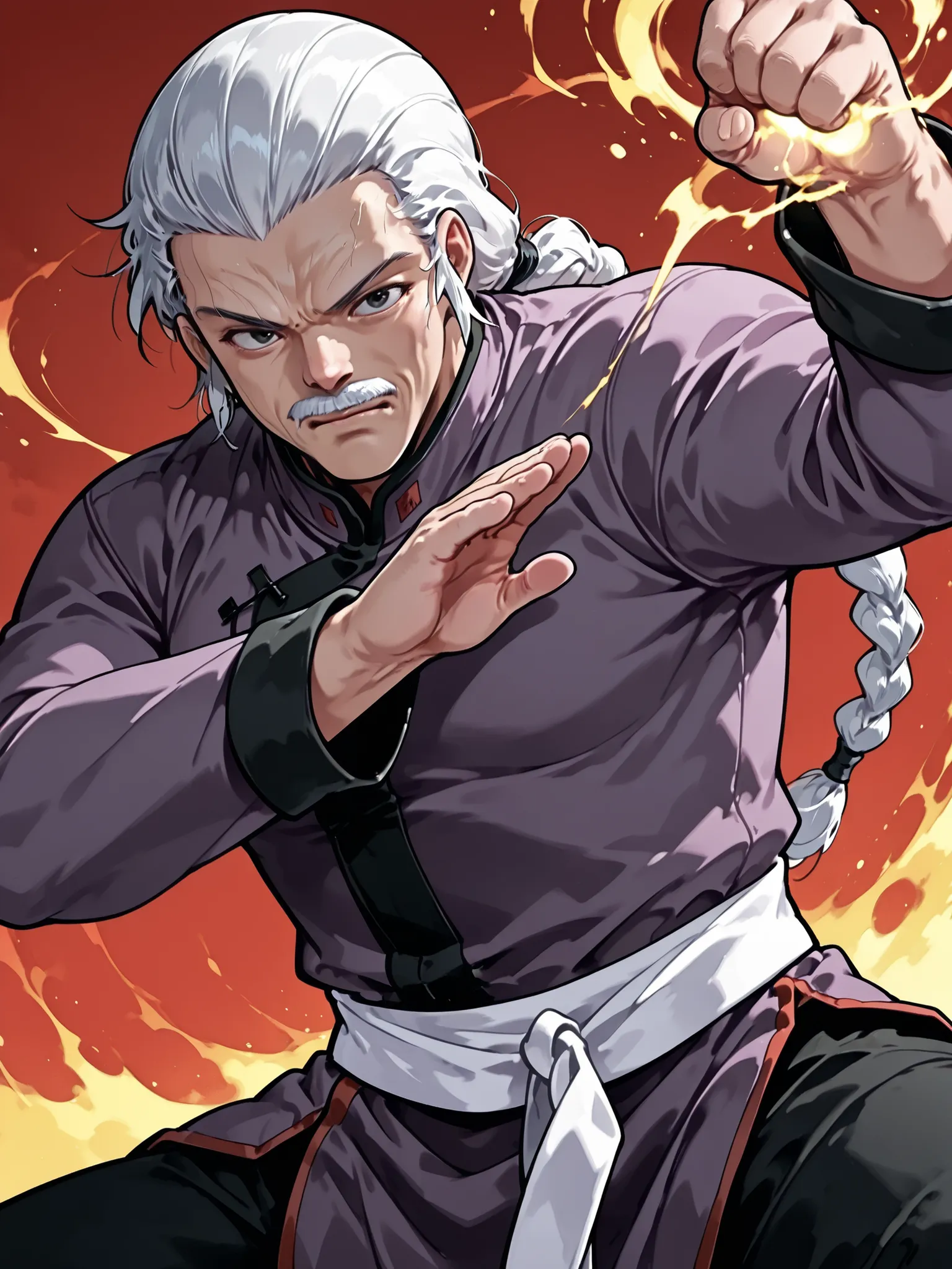 score_9, score_8_up, score_7_up, masterpiece, source_anime, 1old man,white moustache,Three-braided ponytail, slicked-back hair,
muscular,kung fu master,
purple kung fu clothe,long sleeve,Black kung fu pants,white obi,fighting stance,in a dynamic motion,(b...