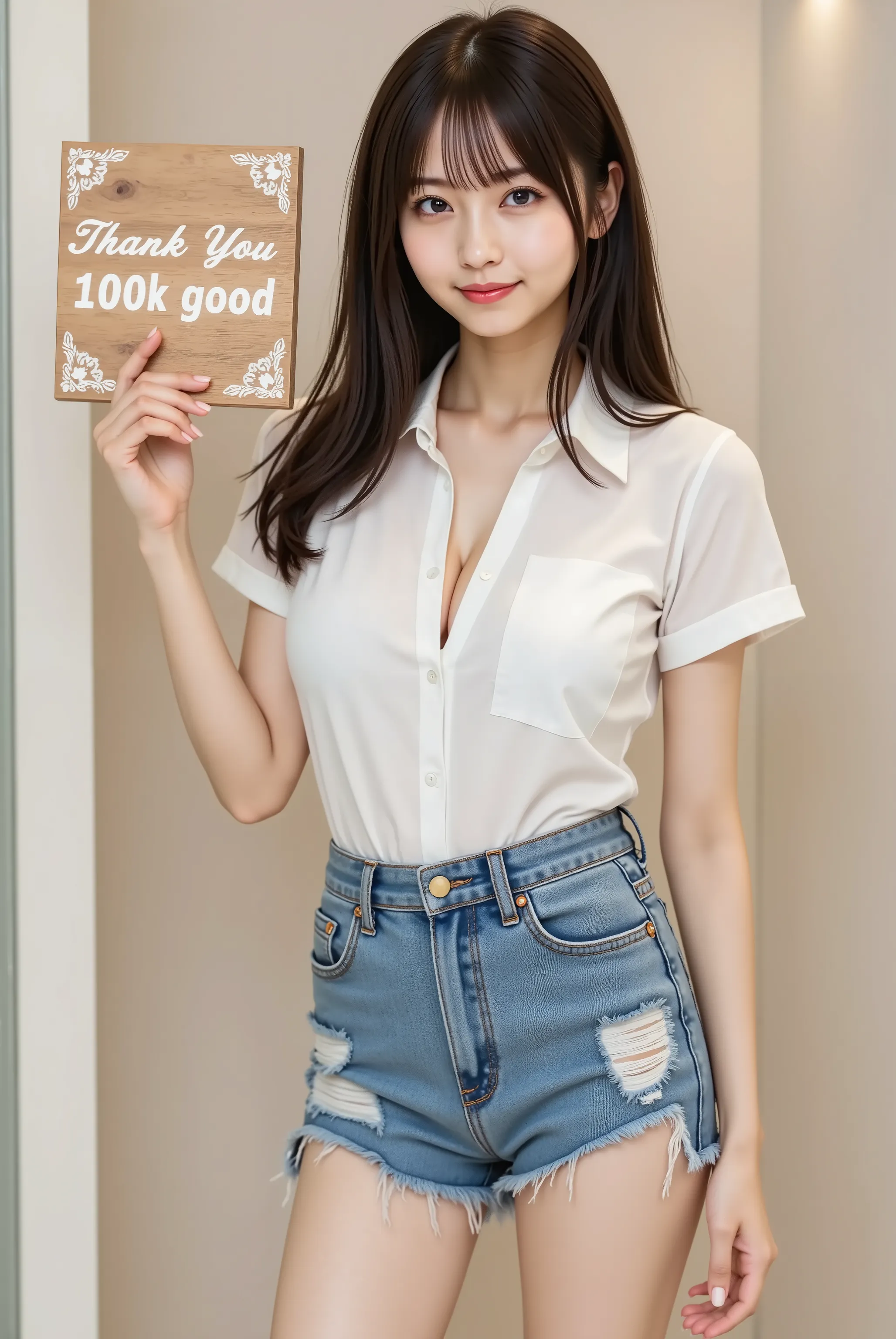 A slender young woman with firm and full breasts held high and compact to showcase a bold and daringly deep and wide cleavage, wearing a crisp white short-sleeve button-up shirt with subtly rolled hems and fitted darts at the bust, paired with distressed d...