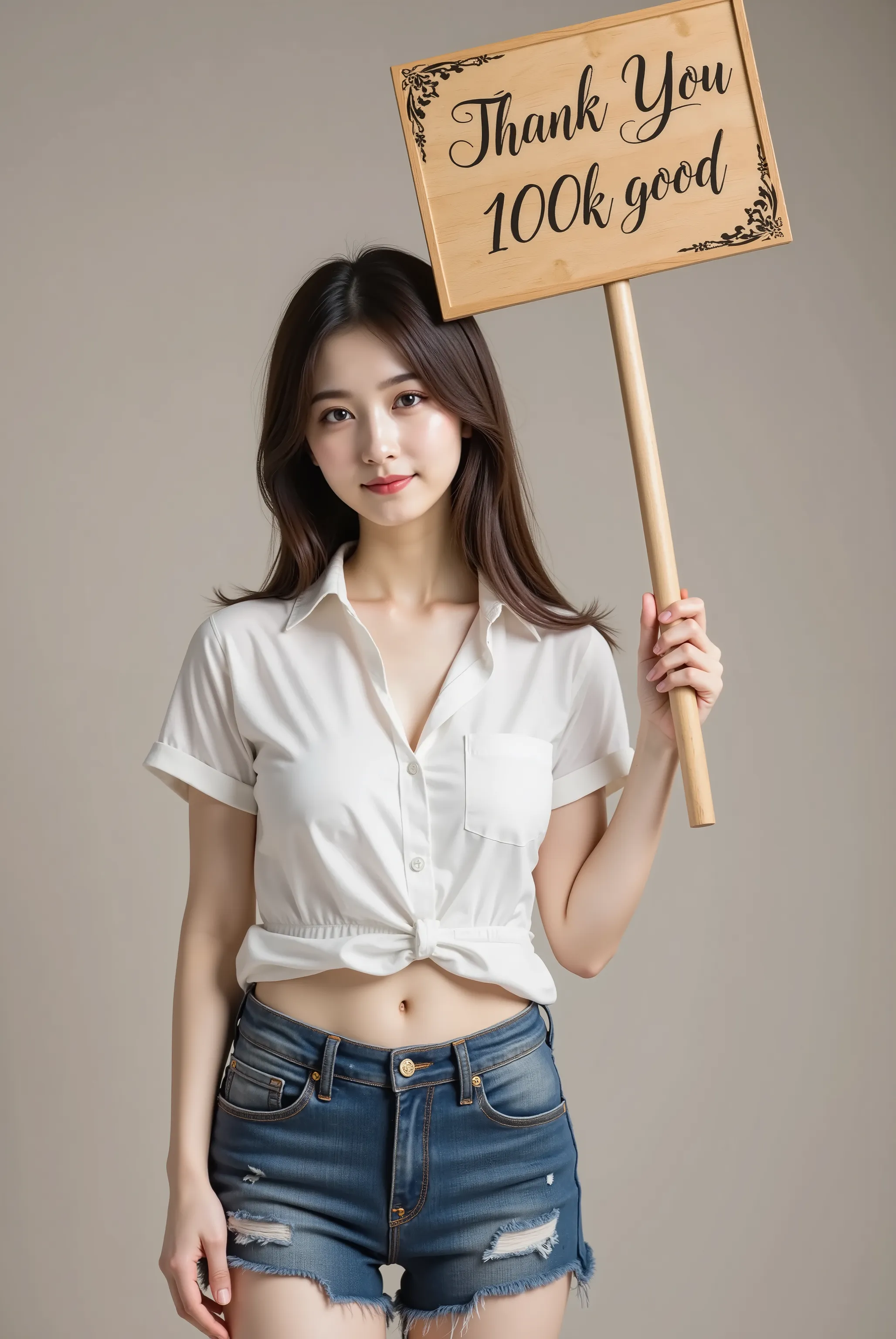 smile, hair styled in aplatinum blonde, gold hair,A slender young woman with firm and full breasts held high and compact to showcase a bold and daringly deep and wide cleavage, wearing a crisp white short-sleeve button-up shirt with subtly rolled hems and ...