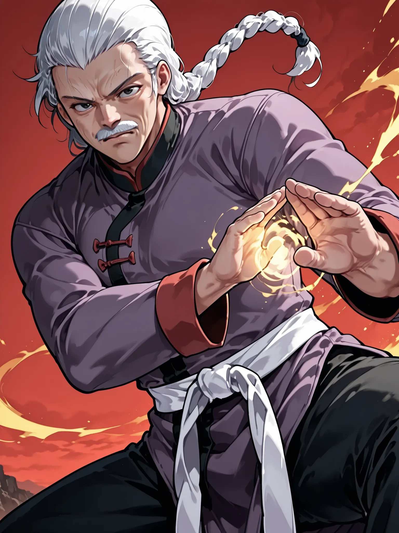 score_9, score_8_up, score_7_up, masterpiece, source_anime, 1old man, Facial wrinkles ,white moustache,Three-braided ponytail, slicked-back hair,
muscular,kung fu master,
purple kung fu clothe,long sleeve,Black kung fu pants,white obi,fighting stance,in a...