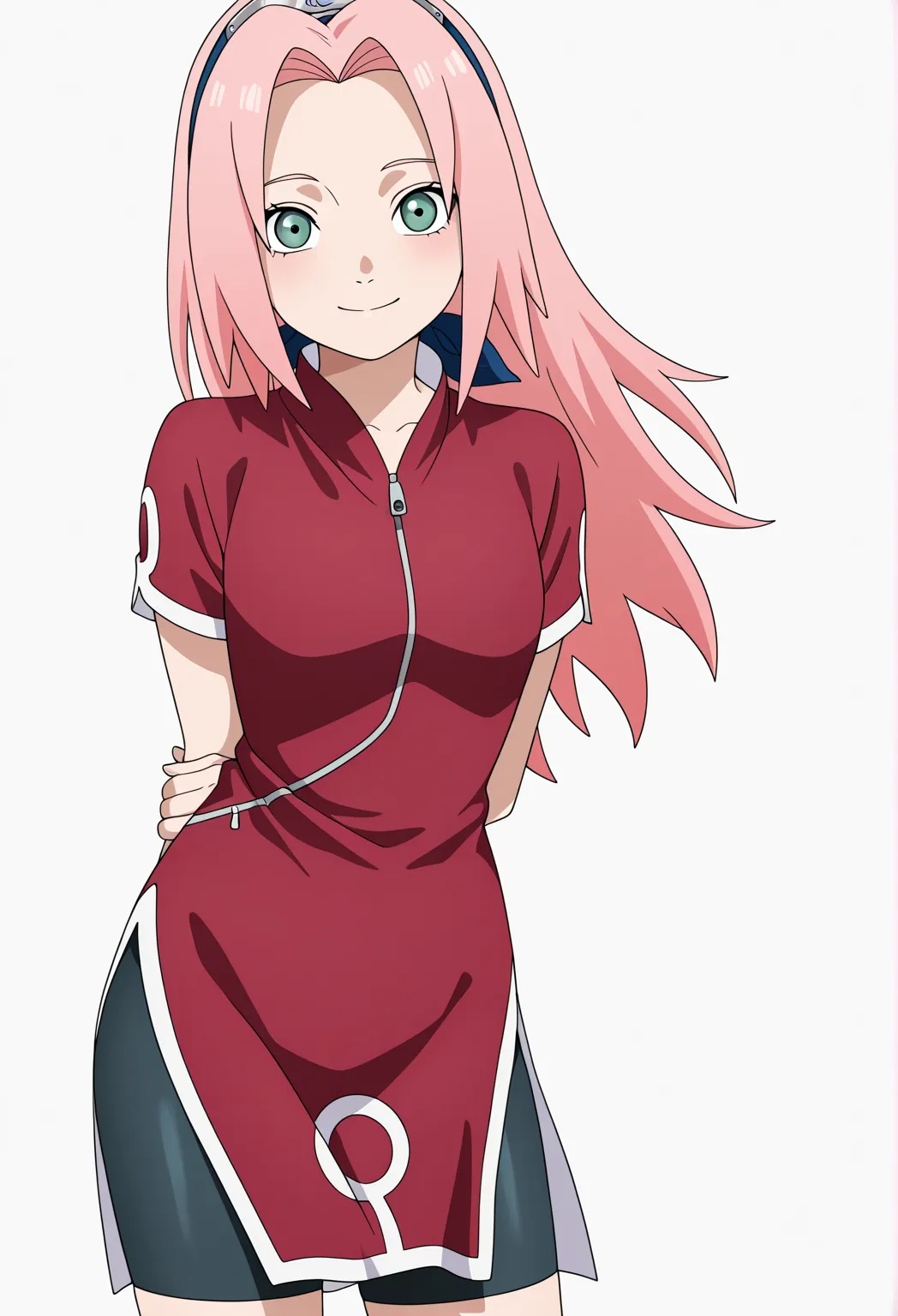 masterpiece, best quality, very aesthetic, absurdres BREAK
1girl, haruno sakura, pink hair, long hair, green eyes
red shirt, red qipao ,zipper, short sleeves, bike shorts
hands behind back, smile, , looking at viewer, solo, simple background, white background, anime screencap, anime coloring   