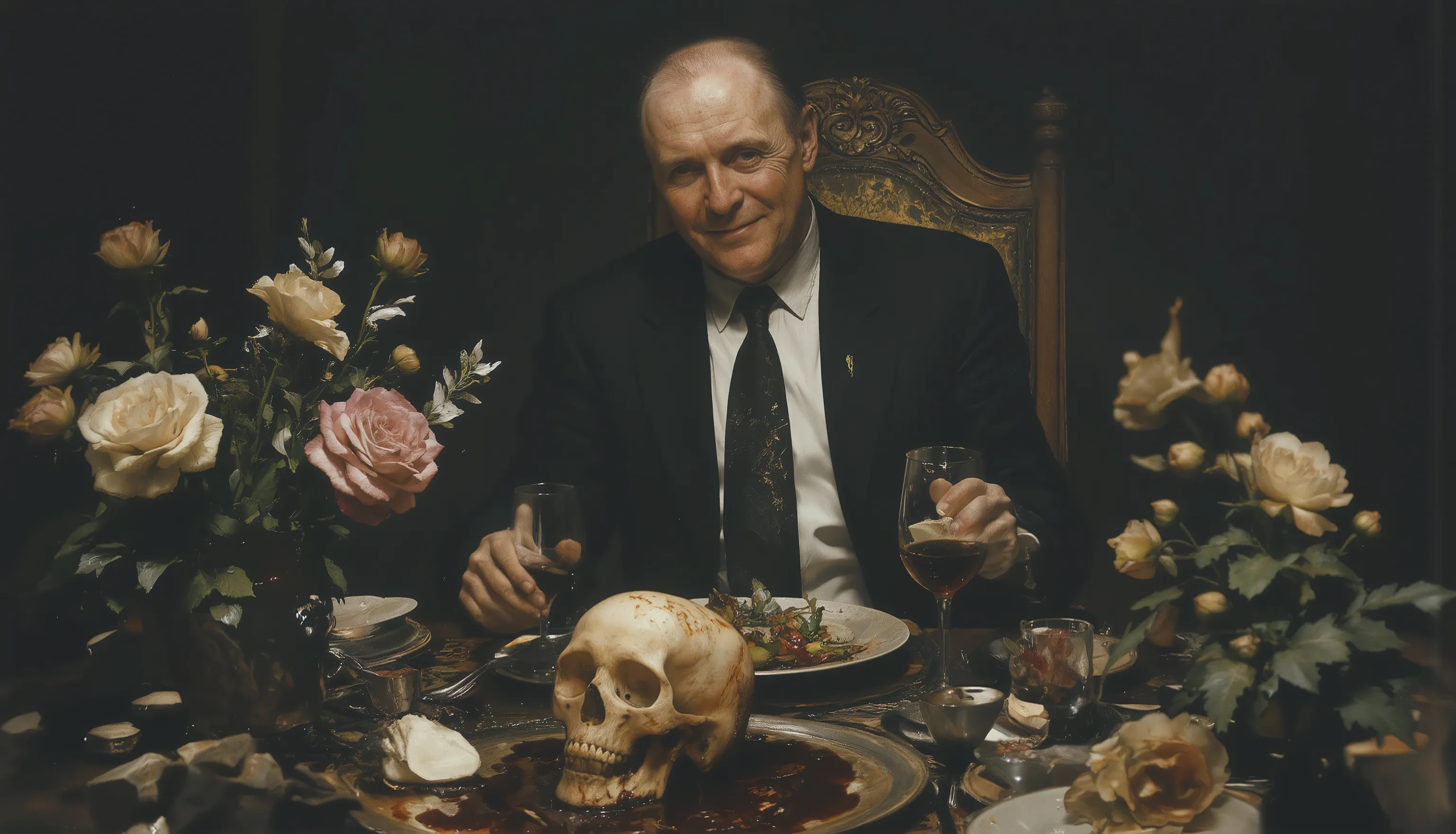 Anthony Hopkins,wearing business suit,necktie,sitting chair,Dinner,Blood-soaked skull on table,beautiful flowers on table,wine,glass,elegance,smile,cinematic,dramatic,baroque style,dark mood,black background,nisa,fluxgore,by gustavklimt