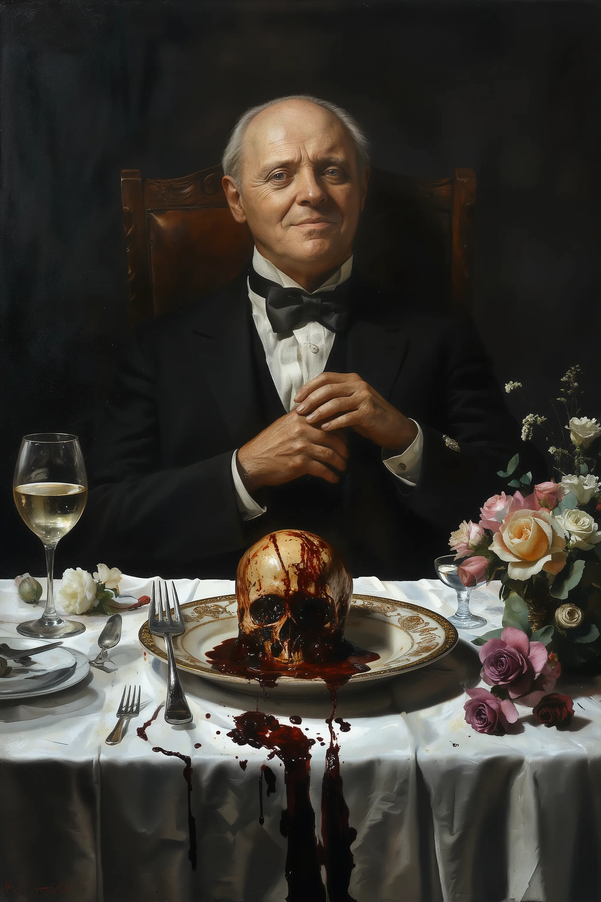 Anthony Hopkins,wearing business suit,Bow tie,sitting chair,Dinner,gore blood-soaked skull on the plate,on table,White tablecloth,beautiful flowers on table,wine,glass,high class,elegance and terrible,gentle smile,cinematic,dramatic,baroque style,dark mood...
