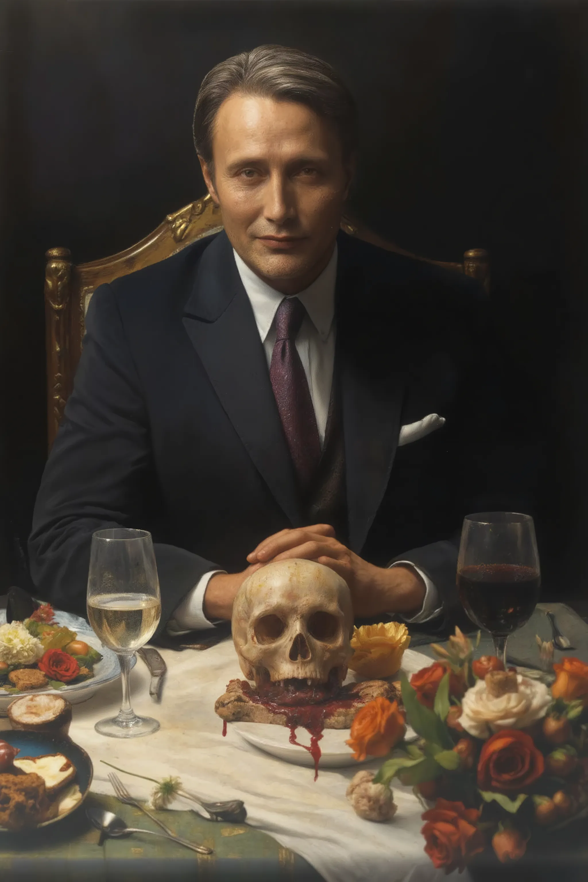 Mads Mikkelsen,wearing high brand suit,necktie,sitting chair,Dinner,gore blood-soaked skull on the plate,on table,White tablecloth,beautiful flowers on table,wine,glass,high class,elegance and terrible,gentle smile,cinematic,dramatic,baroque style,dark moo...