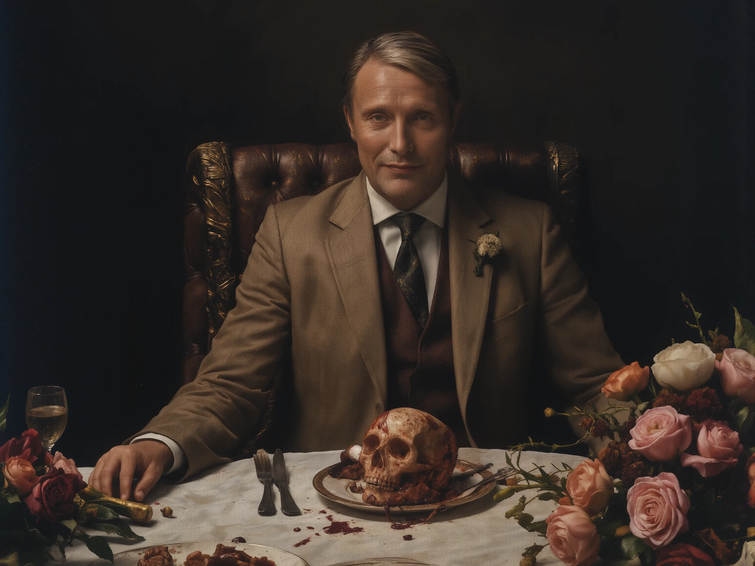 Mads Mikkelsen,wearing high brand suit,necktie,sitting chair,Dinner,gore blood-soaked skull on the plate,on table,White tablecloth,beautiful flowers on table,wine,glass,high class,elegance and terrible,gentle smile,hand on table ,cinematic,dramatic,baroque...