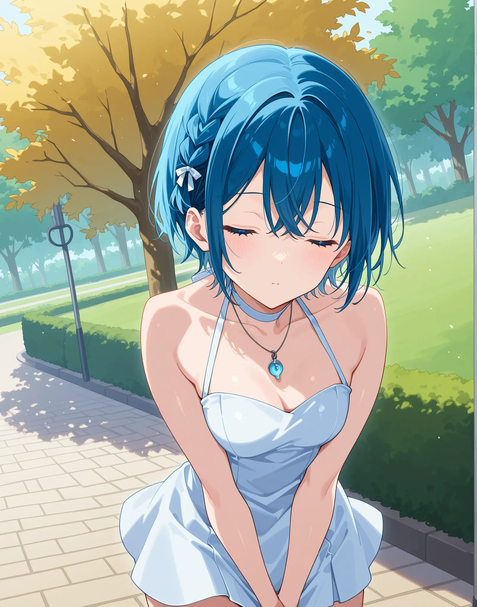 (((white halter neck mini dress:1.Molle Pendant)))、age girl、1 girl on break day、beautiful girl、
blue hair、short hair、blue eyes、Dye Your Cheeks、closes his eyes、 masturbates、Park Background