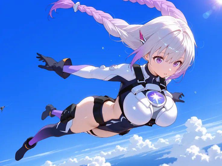 Criptic girl,masterpiece, best quality, amazing quality, very aesthetic, absurdres, sensitive, (dynamic Dutch angle shot:1.5),lends flare,highly detailed cyber body  suits, Extreme large Breast, long gradient purple twin braid hair ,(Skydiving scene:1.2), ...