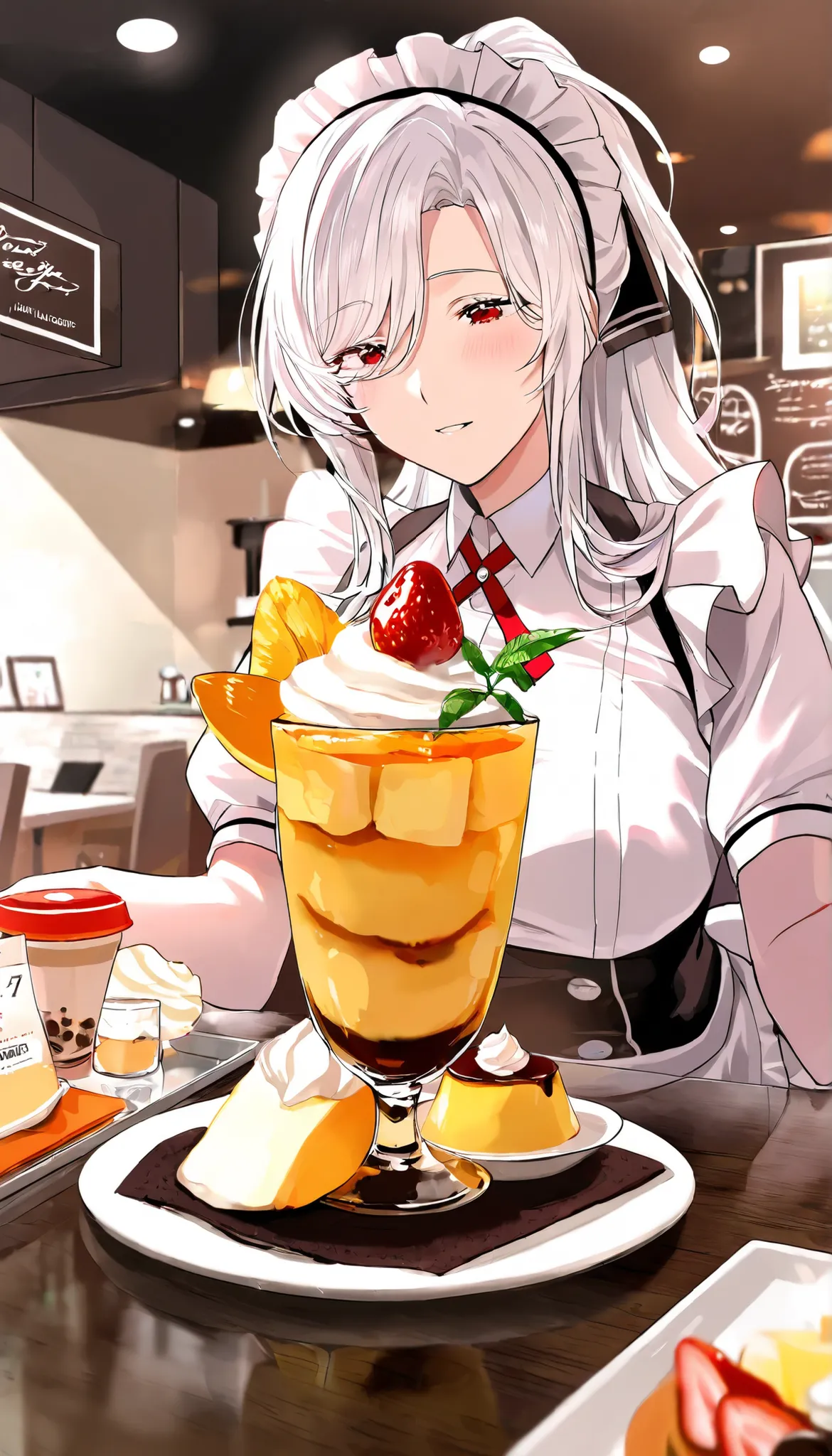 score_9, score_8, score_7, score_6, source: anime , mango pudding, white cream, strawberry , Glass base , white cream, coffee shop bottom, maid waitress, Red Eyes, white hair , ambient light , Focus on pudding.