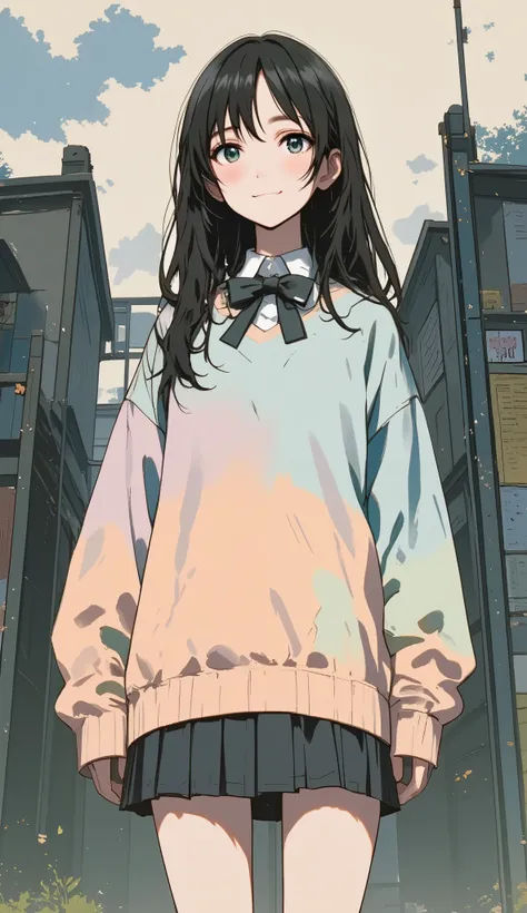 Medium-shot, vertical pastel-style illustration featuring a beautiful  high school girl standing in front of a school gate. She has long, straight black hair flowing neatly down her back, and a sweet, gentle smile on her pale face. Her dark eyes glow with ...