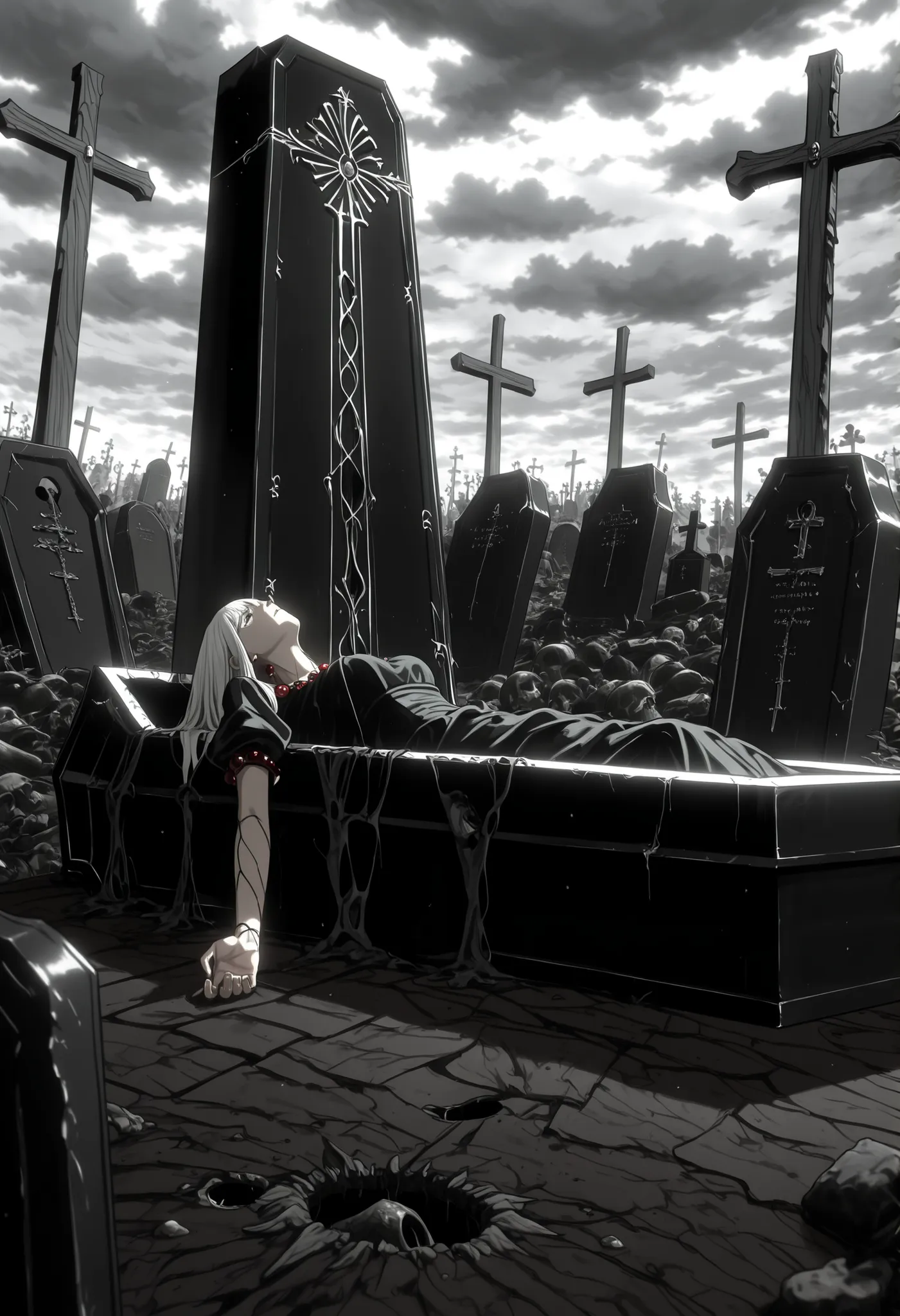 Ataud ,tumba, cemetery ,rectangular wooden coffin,Ornaments,coffin lying on the floor, cloudy day,Sad day ,hole under the coffin,Earth next to,a girl next to the coffin,looking up,arm extended to the sky