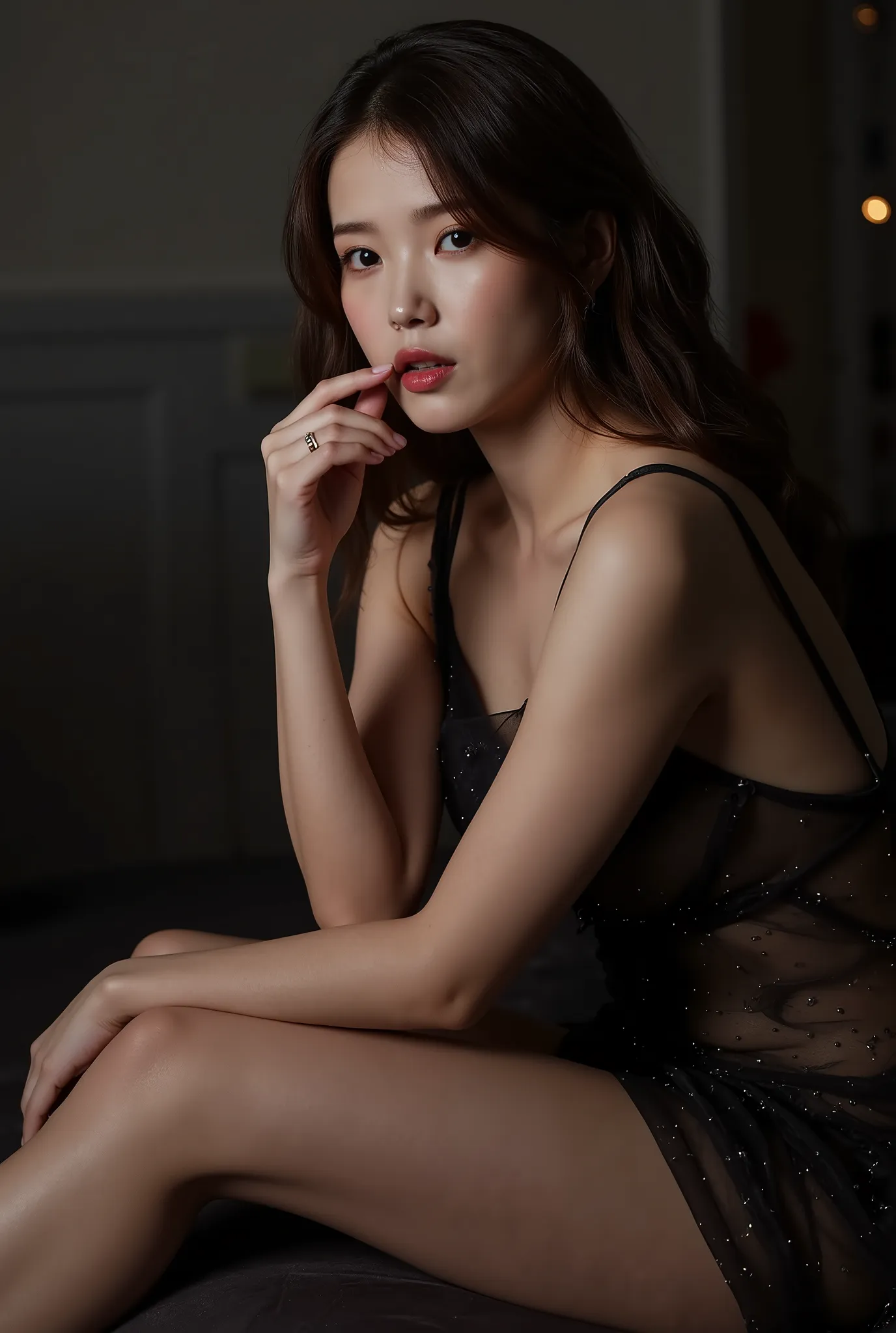 biting finger, sexy expression, Volumetric Lighting, Stunning babe with perfect slender body, dressed in sheer fabric intimate dress, parted lips, shiny pink glossy lipstick. light depth, dramatic atmospheric lighting,sexy expression,with perfect slender b...