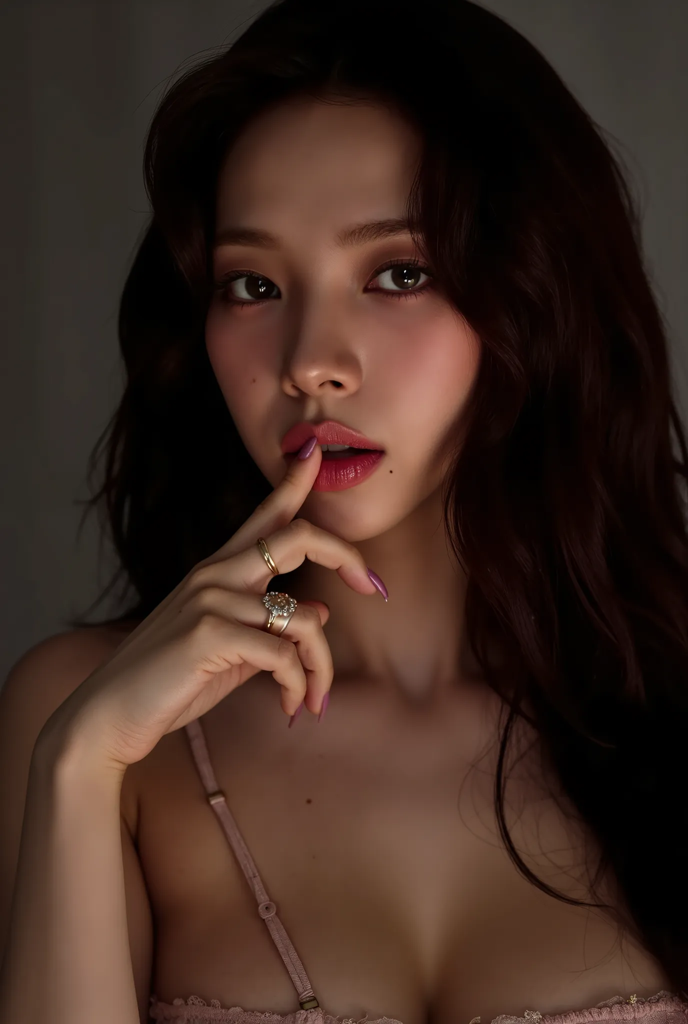 biting finger, sexy expression, Volumetric Lighting, Stunning babe with perfect slender body, dressed in sheer fabric intimate dress, parted lips, shiny pink glossy lipstick. light depth, dramatic atmospheric lighting,sexy expression,with perfect slender b...