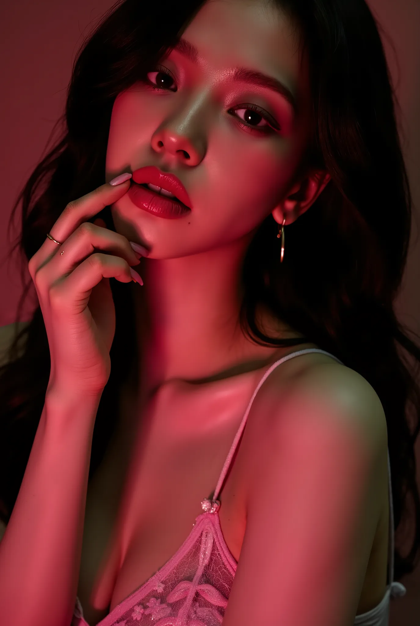 biting finger, sexy expression, Volumetric Lighting, Stunning babe with perfect slender body, dressed in sheer fabric intimate dress, parted lips, shiny pink glossy lipstick. light depth, dramatic atmospheric lighting,sexy expression,with perfect slender b...